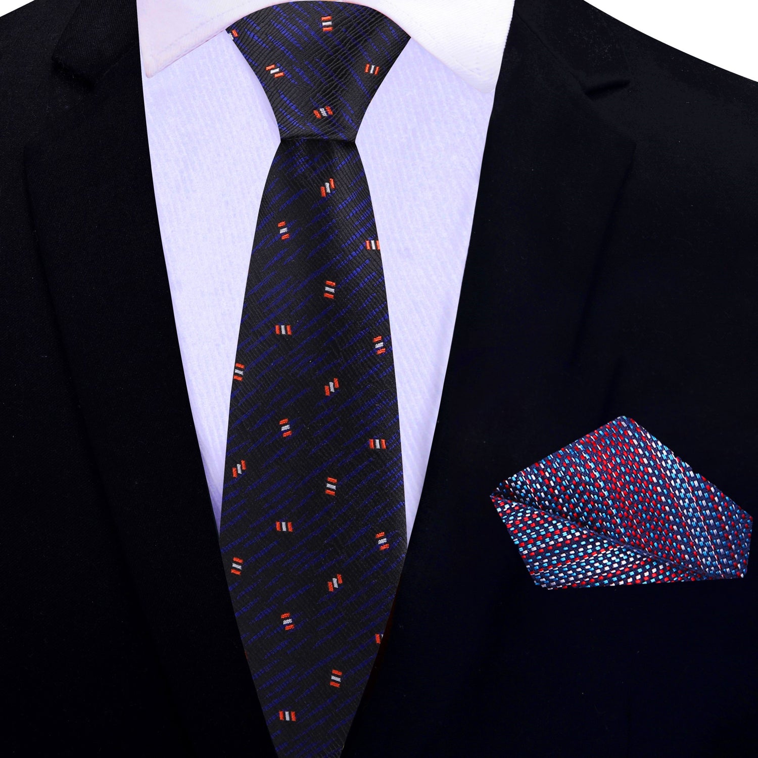 Thin Tie: Black, Dark Indigo, Red, Abstract Tie and Accenting Gradient Square