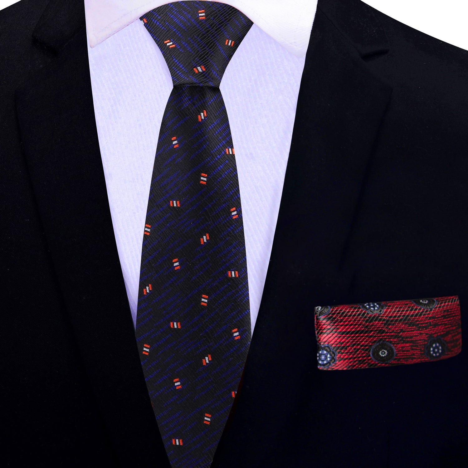 Thin Tie: Black, Dark Indigo, Red, Abstract Tie and Accenting Red Geometric Square
