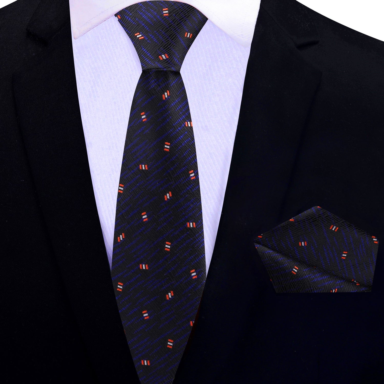 Thin Tie: Black, Dark Indigo, Red, Abstract Tie and Matching Square