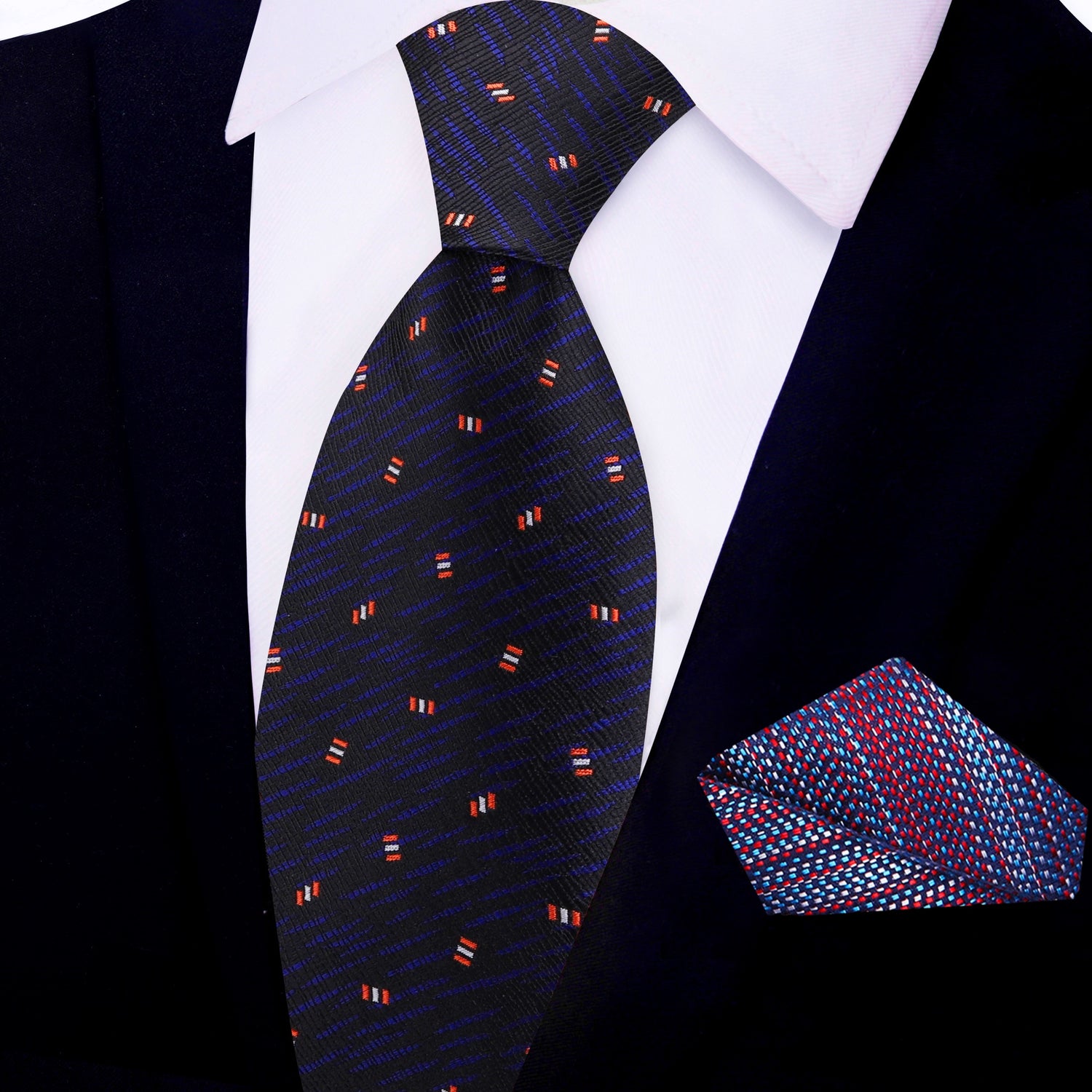 View 2: Black, Dark Indigo, Red, Abstract Tie and Accenting Gradient Square