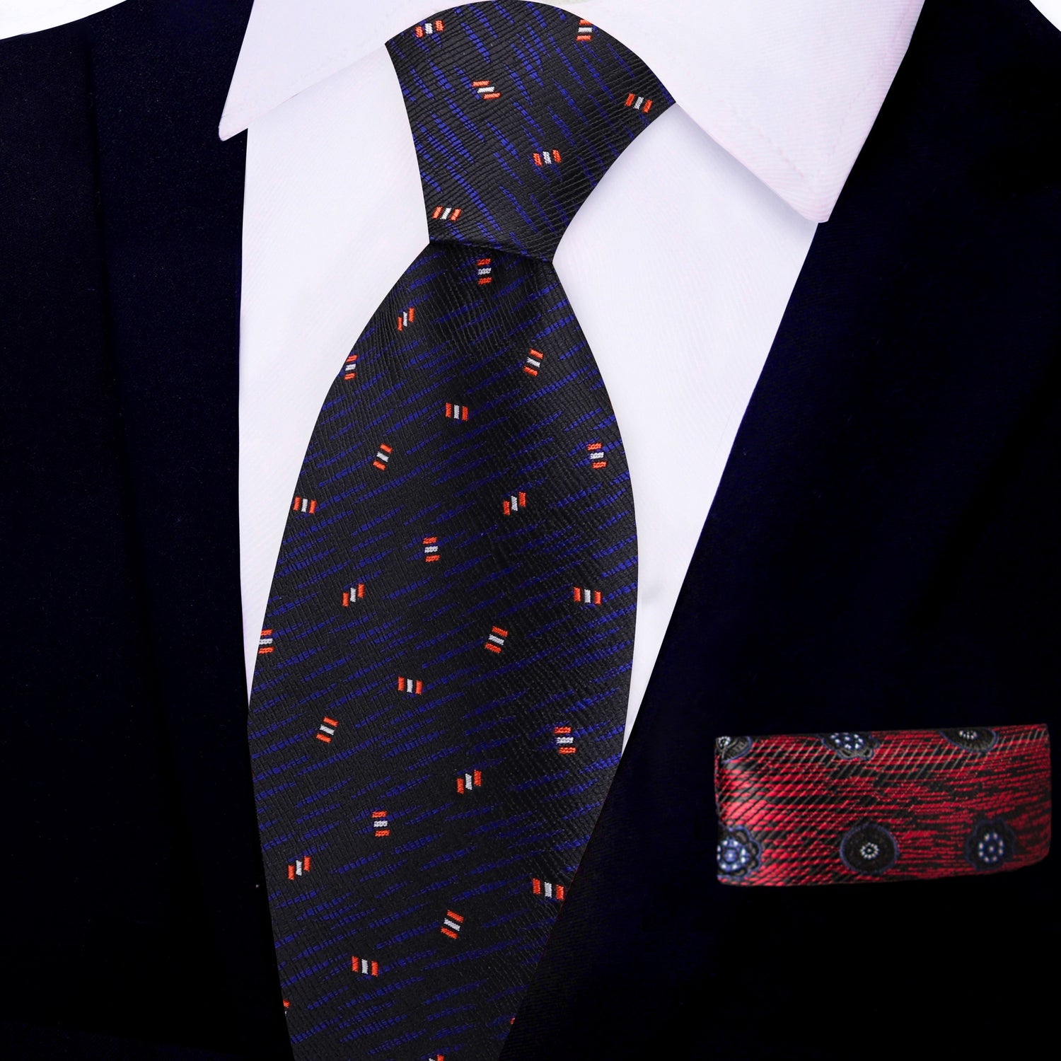 View 2: Black, Dark Indigo, Red, Abstract Tie and Accenting Red Geometric Square
