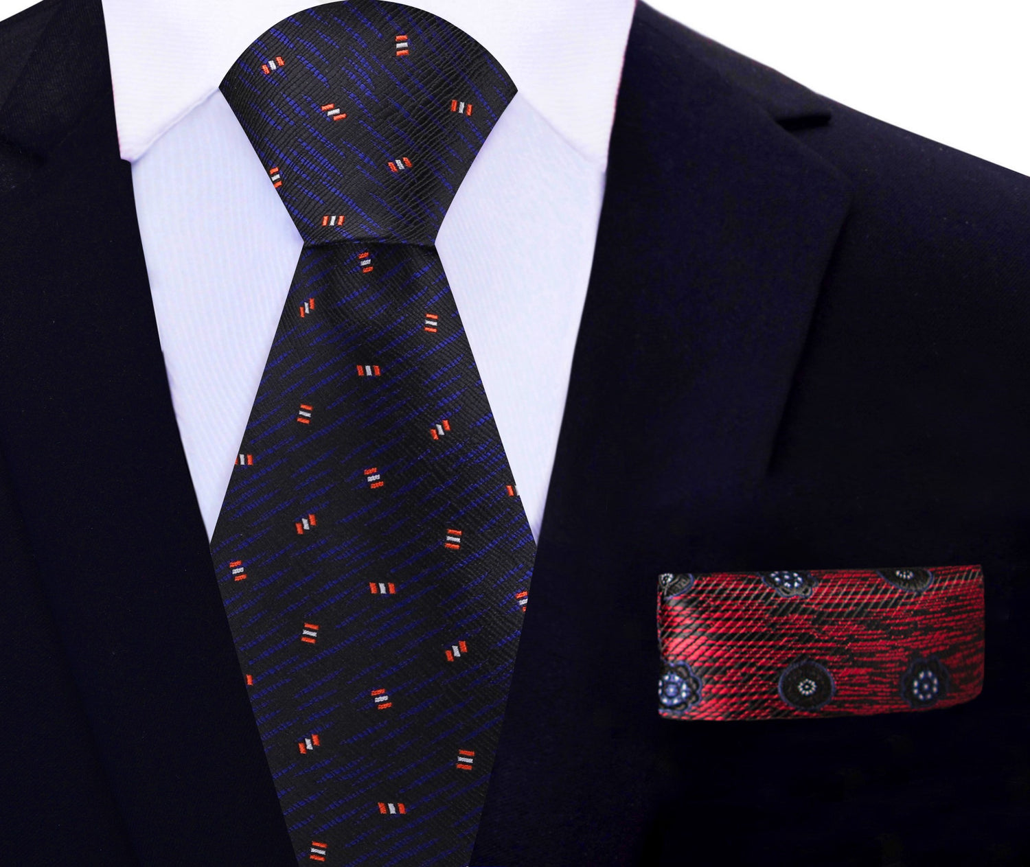 Black, Dark Indigo, Red, Abstract Tie and Accenting Red Geometric Square
