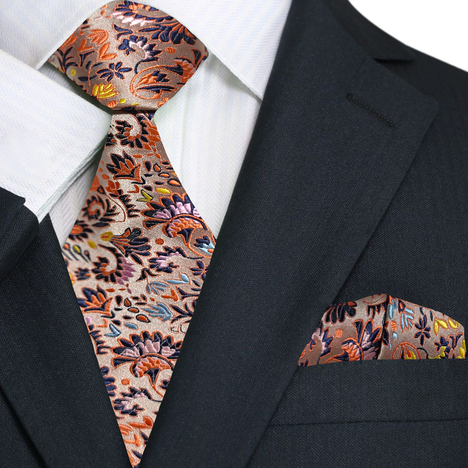 Light Peachy Orange with Multicolor Floral Pattern necktie and matching square