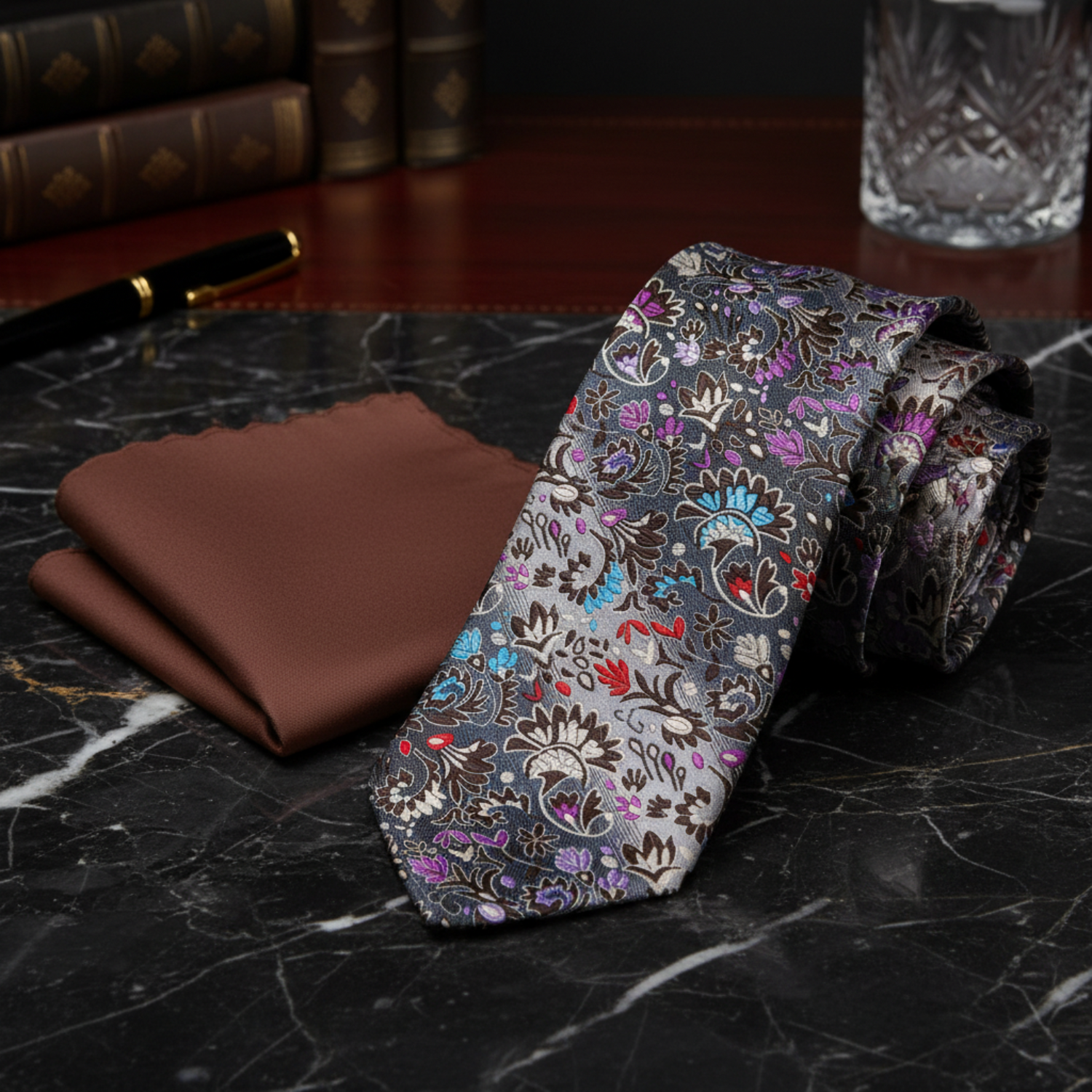 Grey and Brown Small Floral Necktie with Blue and Red Accents
