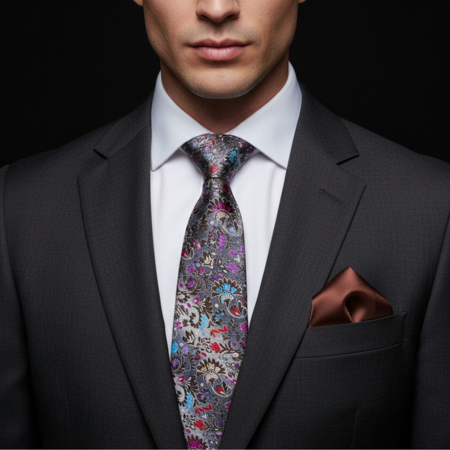 Grey and Brown Small Floral Necktie with Blue and Red Accents