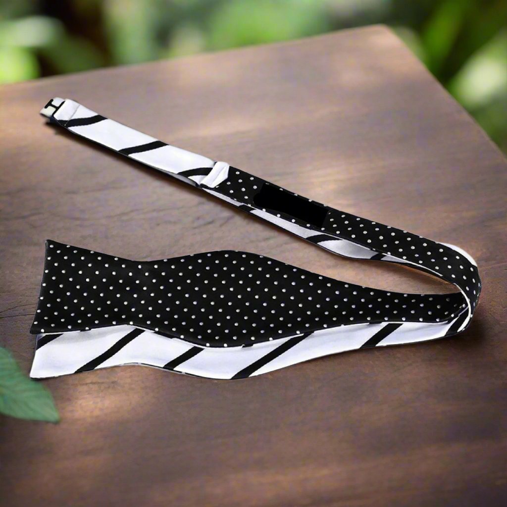 White and  Black Dot and Stripe Self Tie Bow Tie