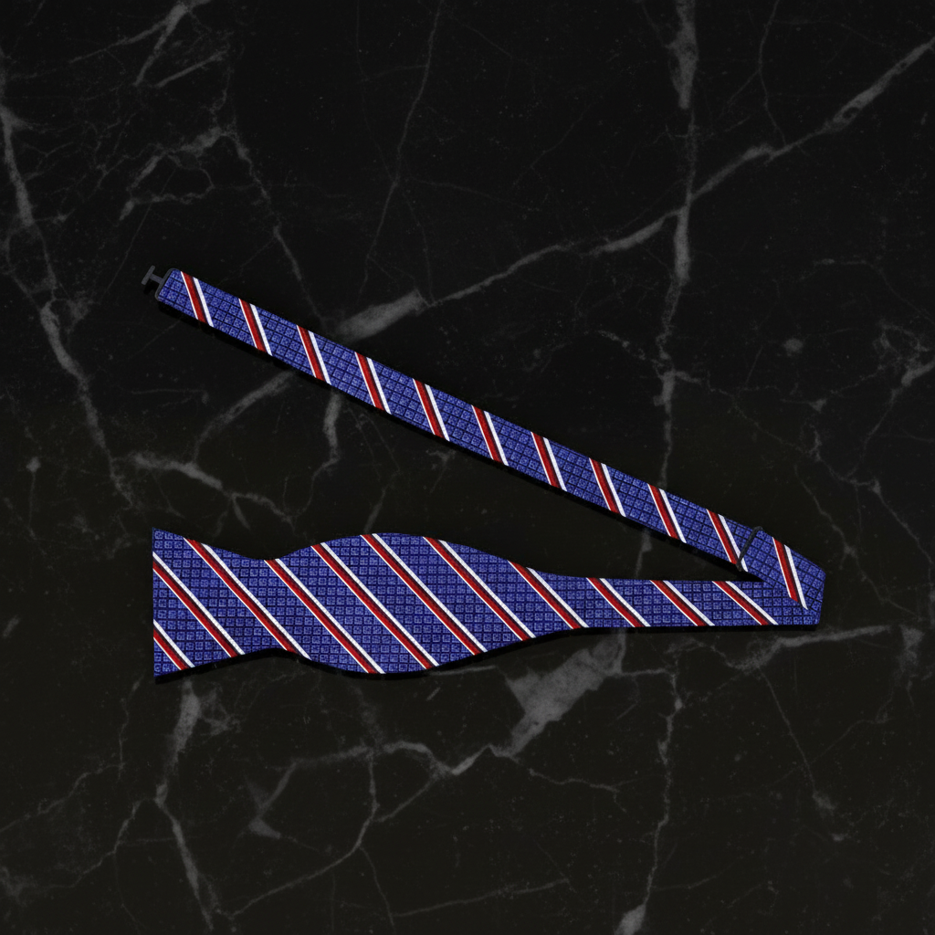 Blue and red striped bow tie on a white background