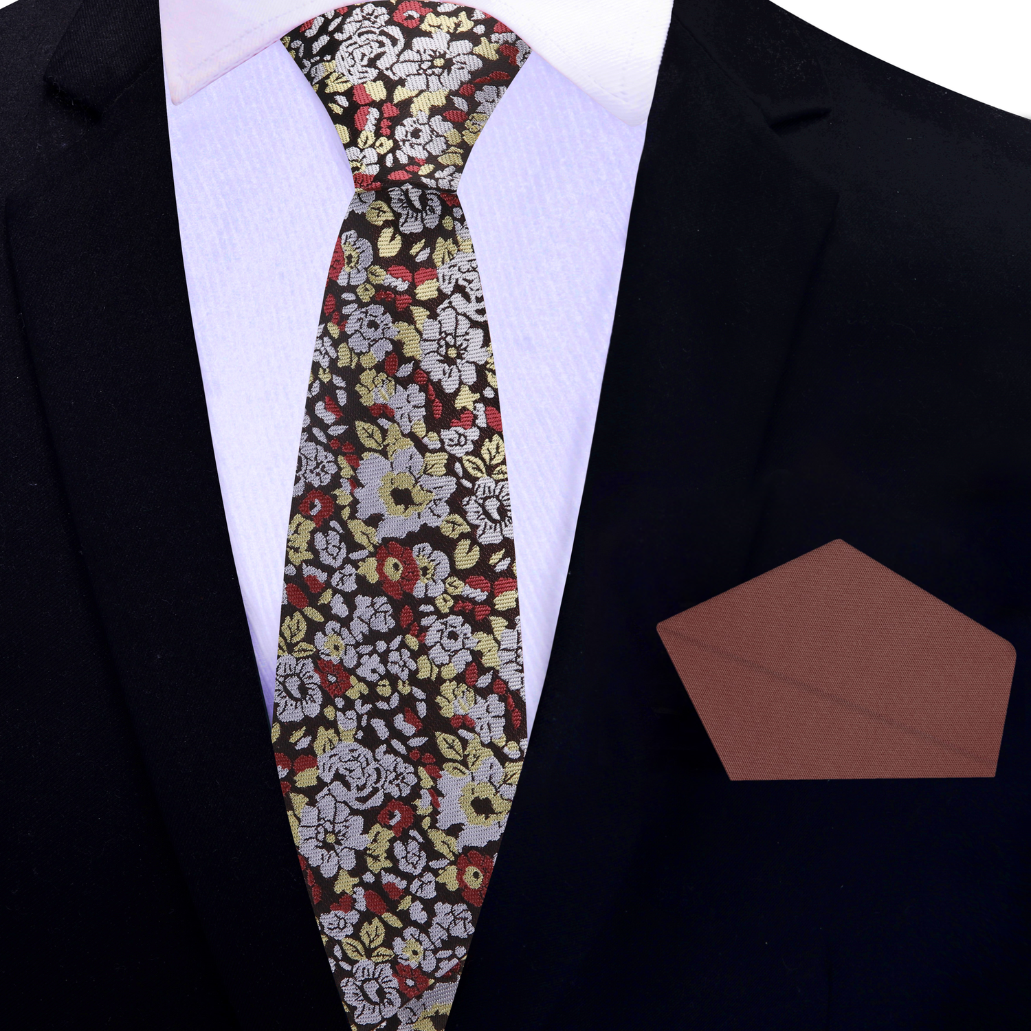 Thin Tie: Brown, Grey, Light Gold Small Flowers Necktie and Brown Square