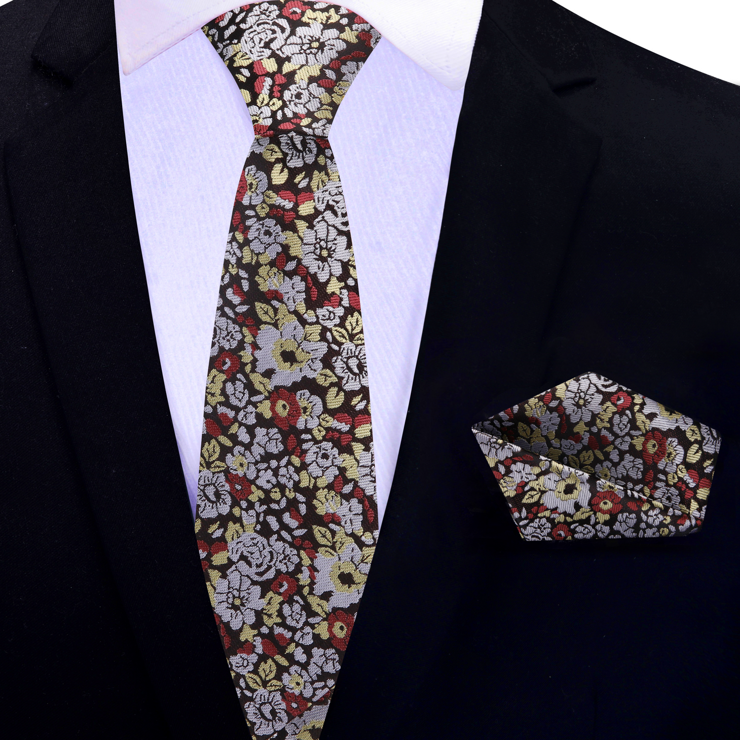 Brown, Grey, Light Gold Small Flowers Thin Necktie and  Square