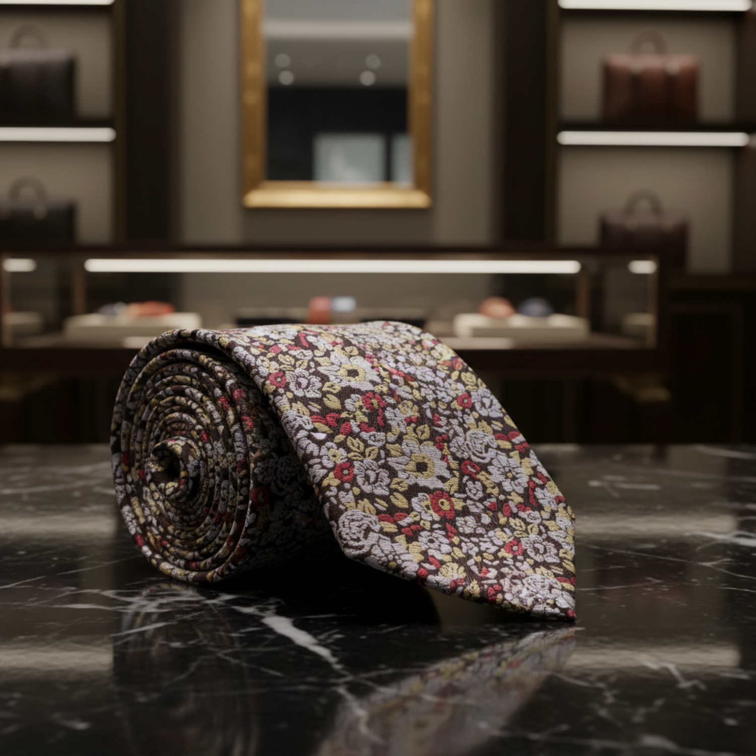Dark Brown, Red & Silver Floral Necktie