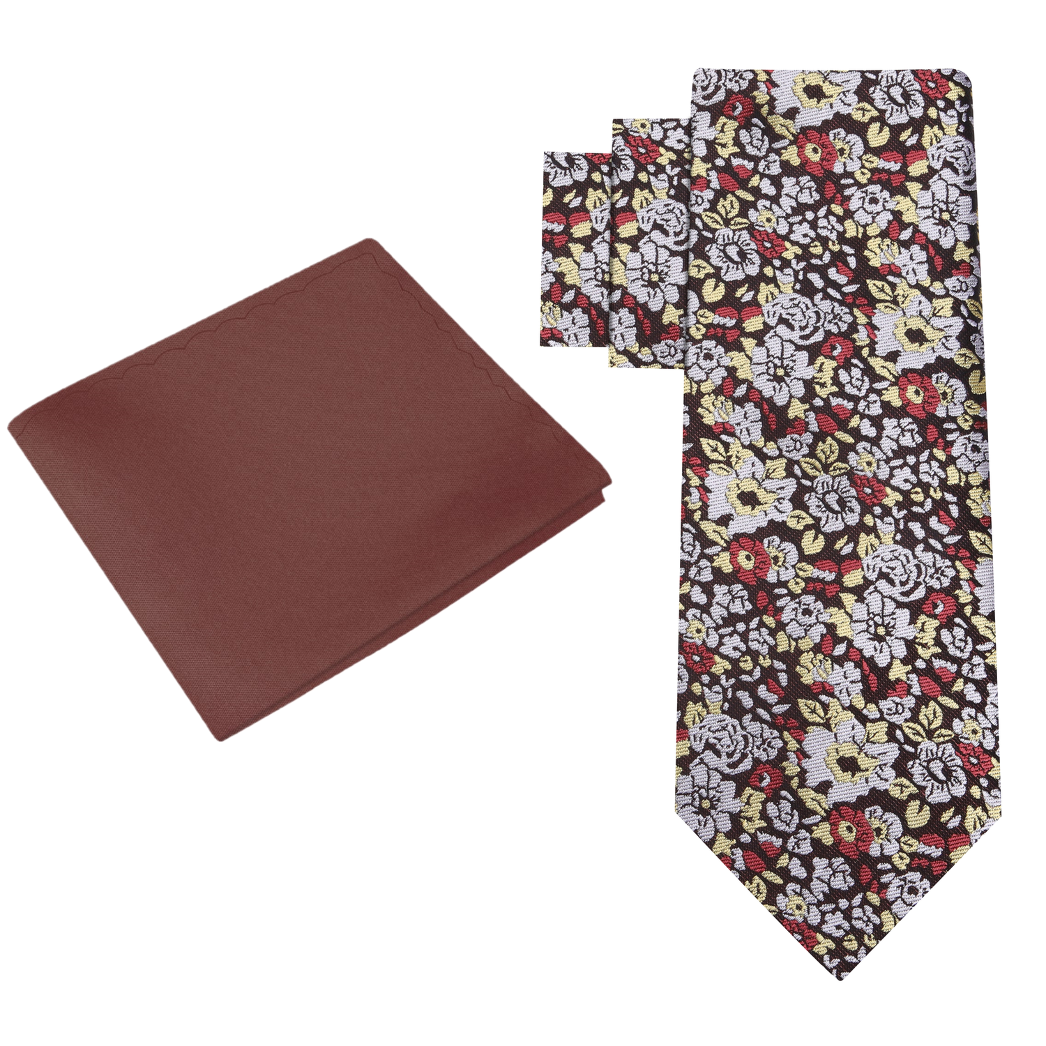 Alt View: Brown, Grey, Light Gold Small Flowers Necktie and Brown Square