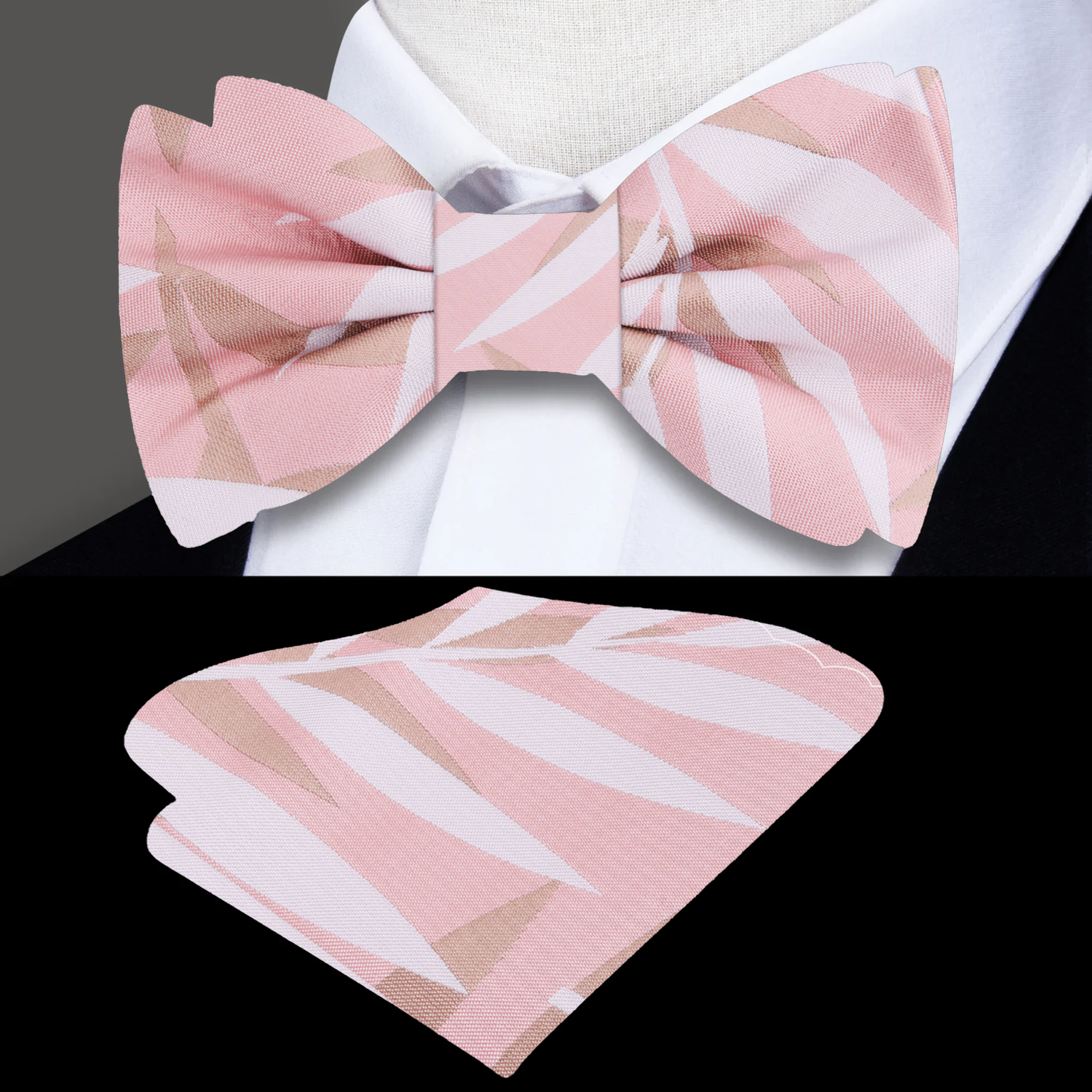 Light Pink, Salmon, Light Brown Sketched Leaves Bow Tie And Pocket Square