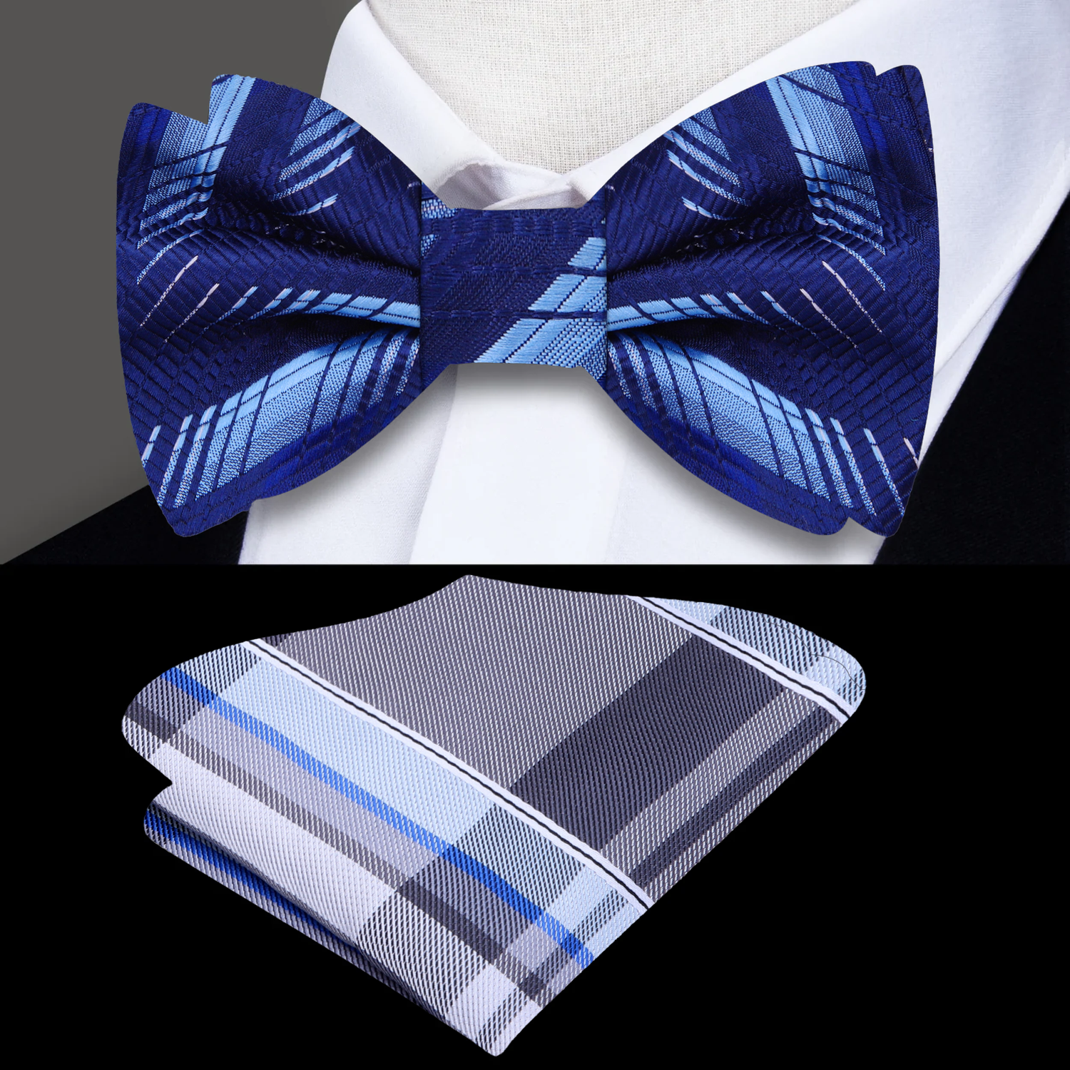 Blue, Light Blue Abstract Bow Tie and Grey, Blue Plaid Pocket Square