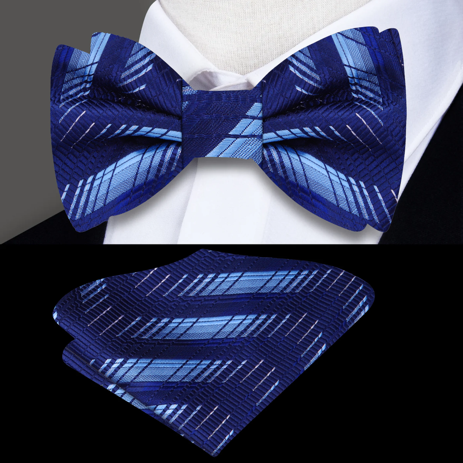 Blue, Light Blue Abstract Bow Tie and Pocket Square