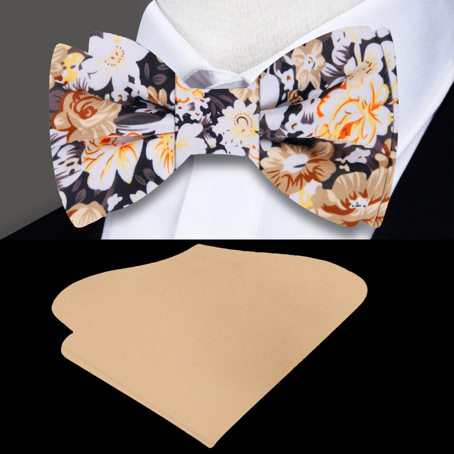 Shades of Brown Floral Bow Tie and Light Brown Matching Pocket Square