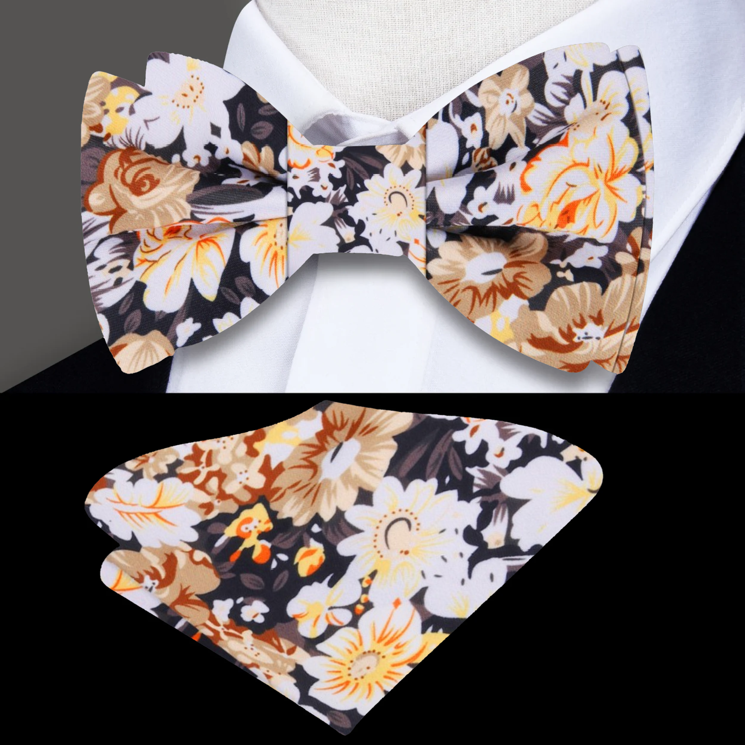 Shades of Brown Floral Bow Tie and Matching Pocket Square