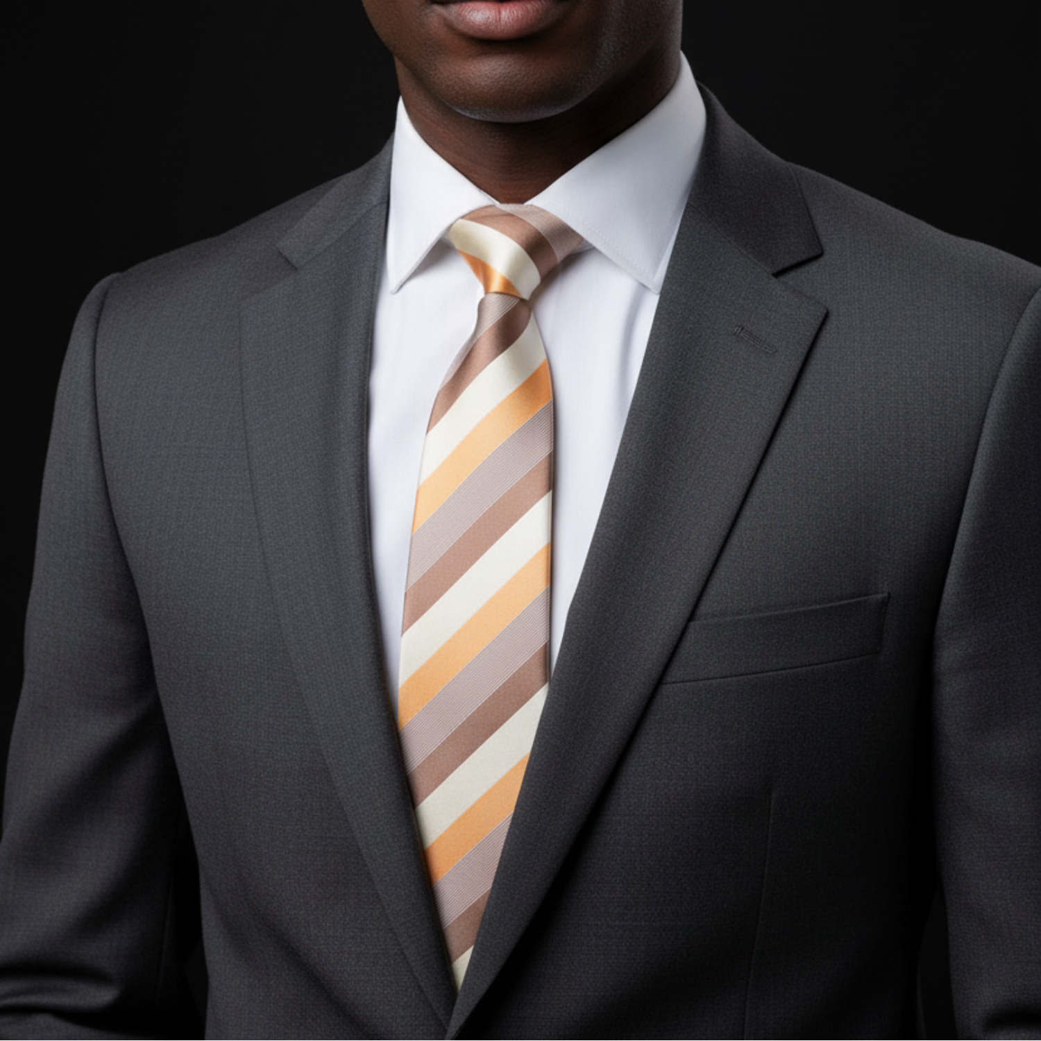 Man wearing a gray suit with a striped tie against a black background
