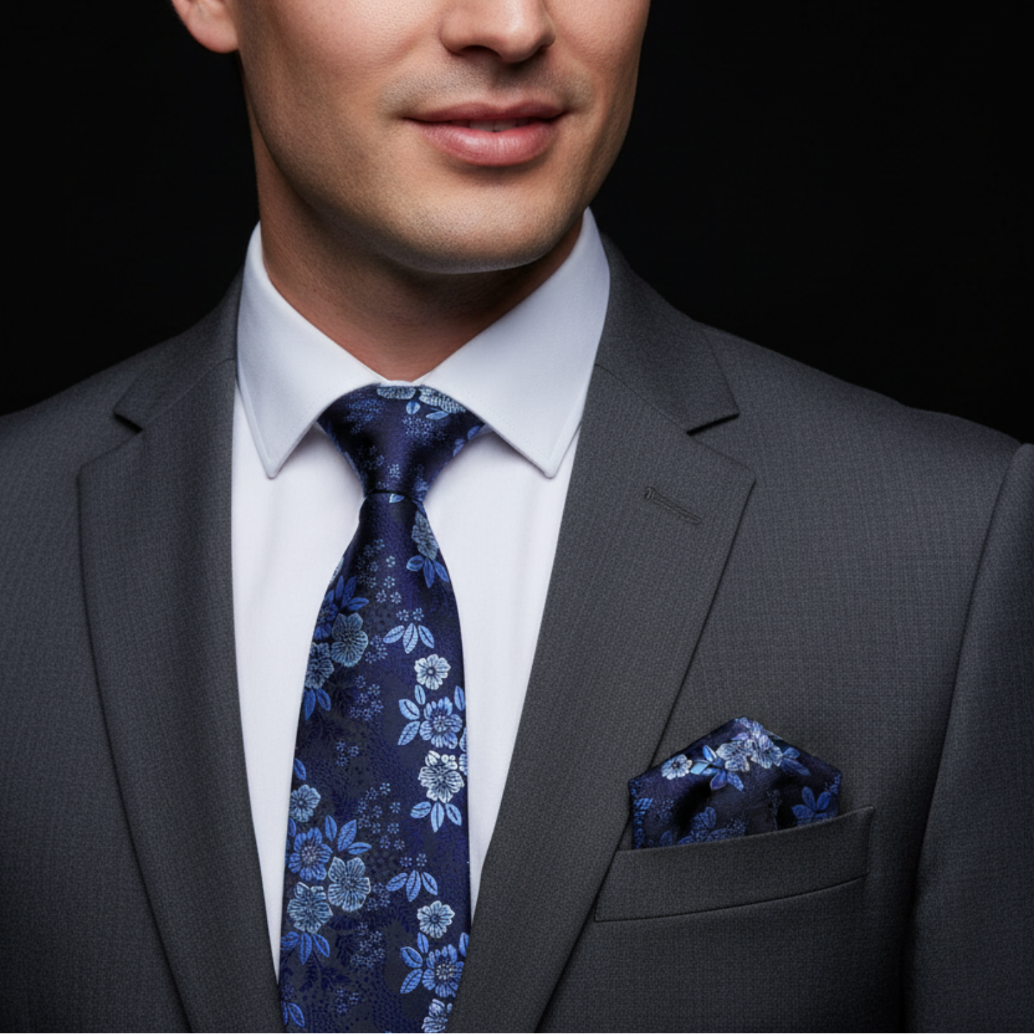 Man wearing a gray suit with a blue floral tie and pocket square on a black background