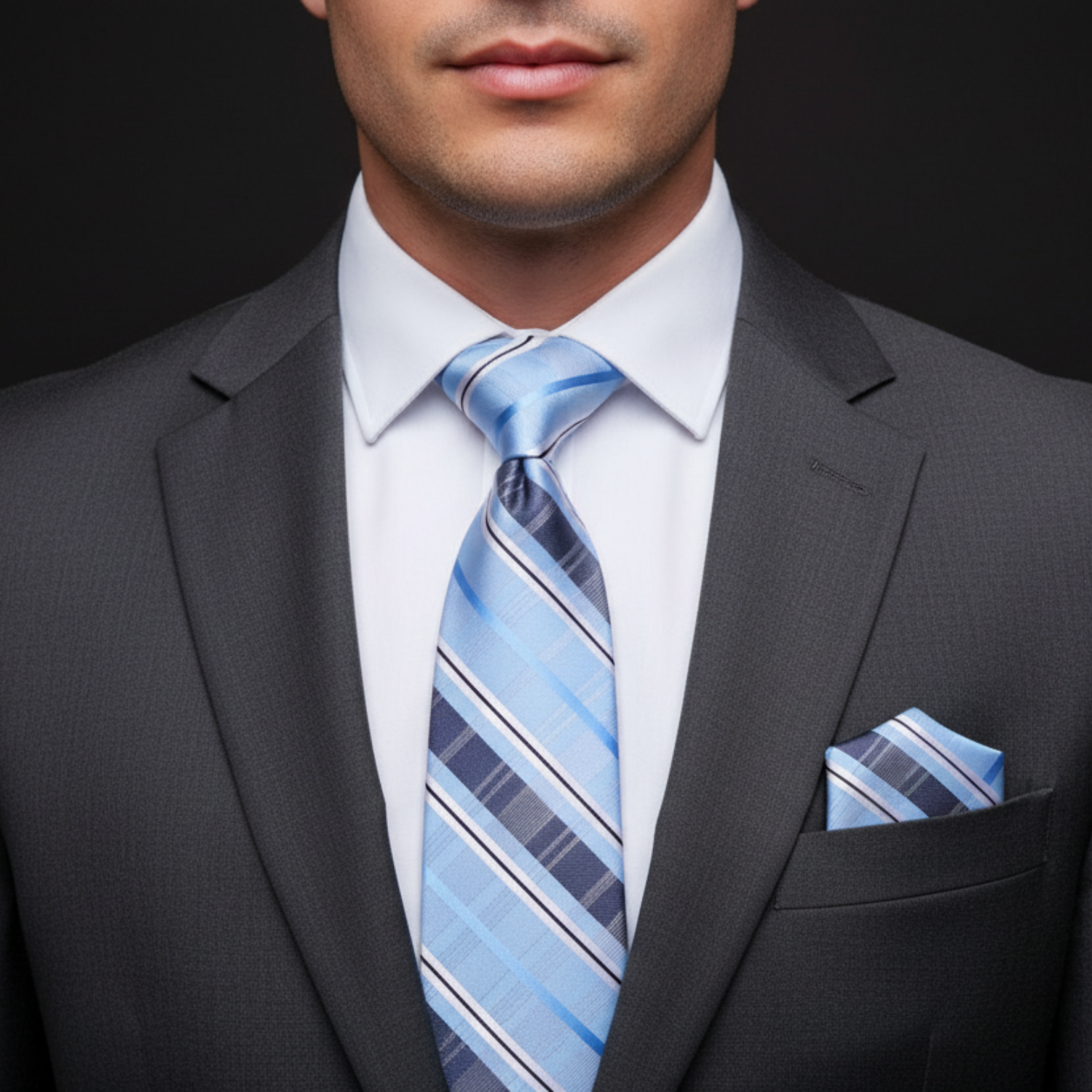 Man wearing a gray suit with a blue striped tie and pocket square on a black background