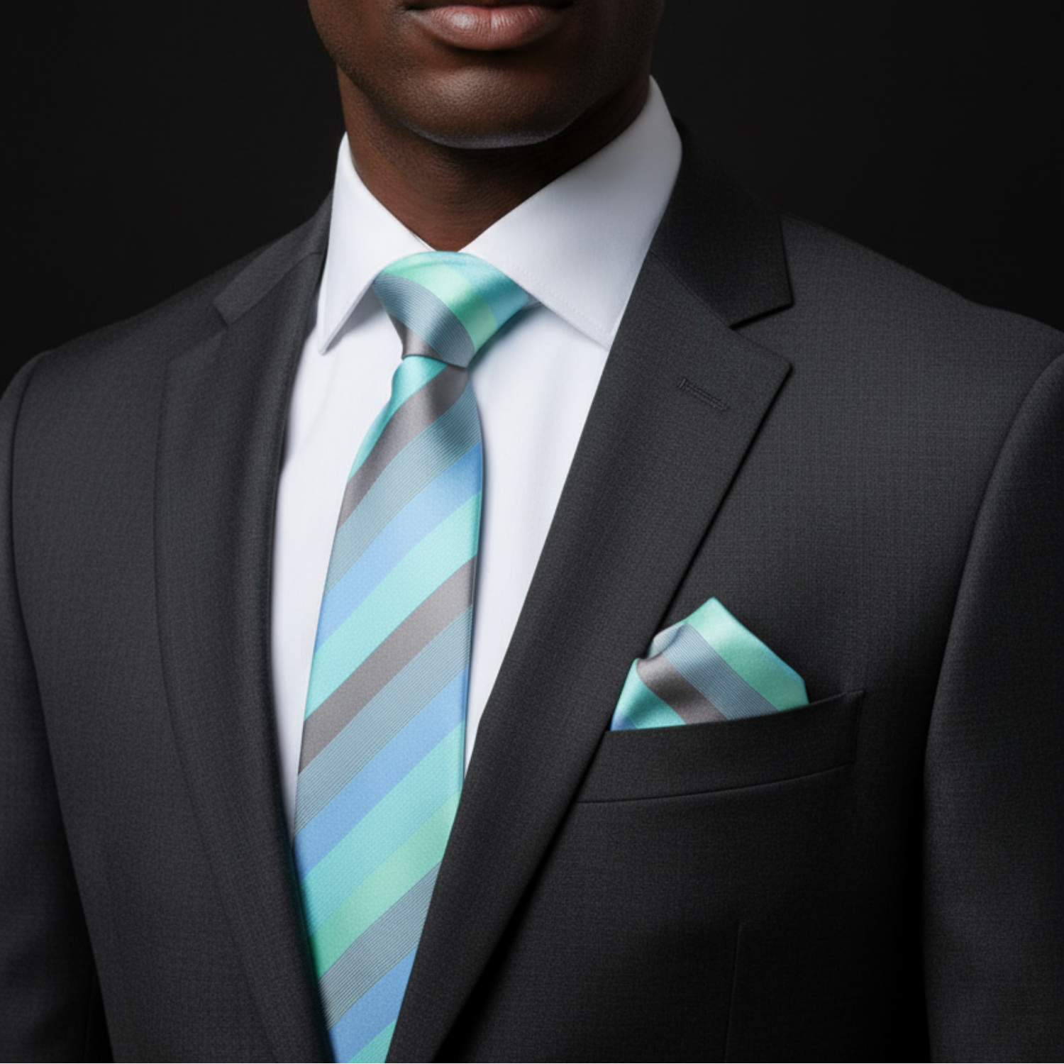 Man wearing a black suit with a light blue striped tie and pocket square on a dark background