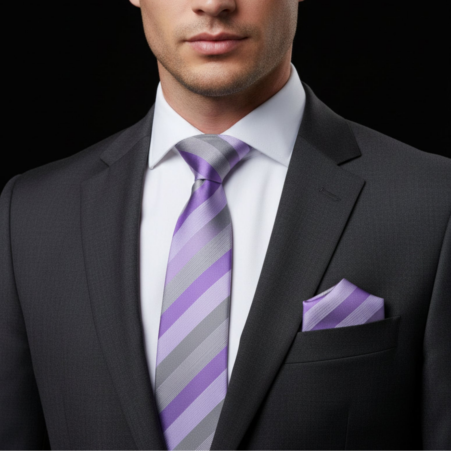 Man wearing a dark suit with a purple and gray striped tie and matching pocket square on a black background