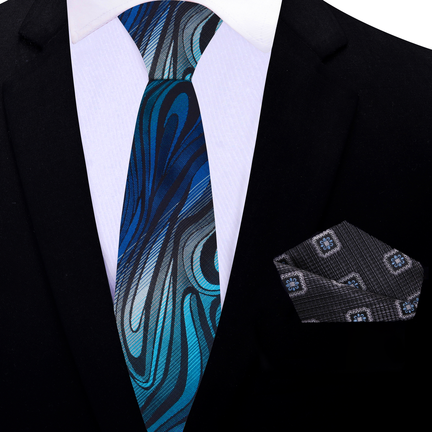 Thin Tie: Shades of Blue and Grey Abstract Fire Necktie and Charcoal with Blue Medallion Square