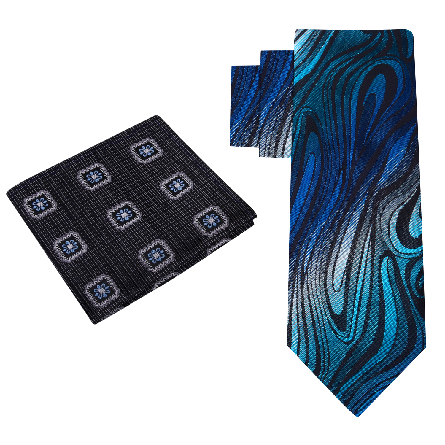 View 2: Shades of Blue and Grey Abstract Fire Necktie and Charcoal with Blue Medallion Square