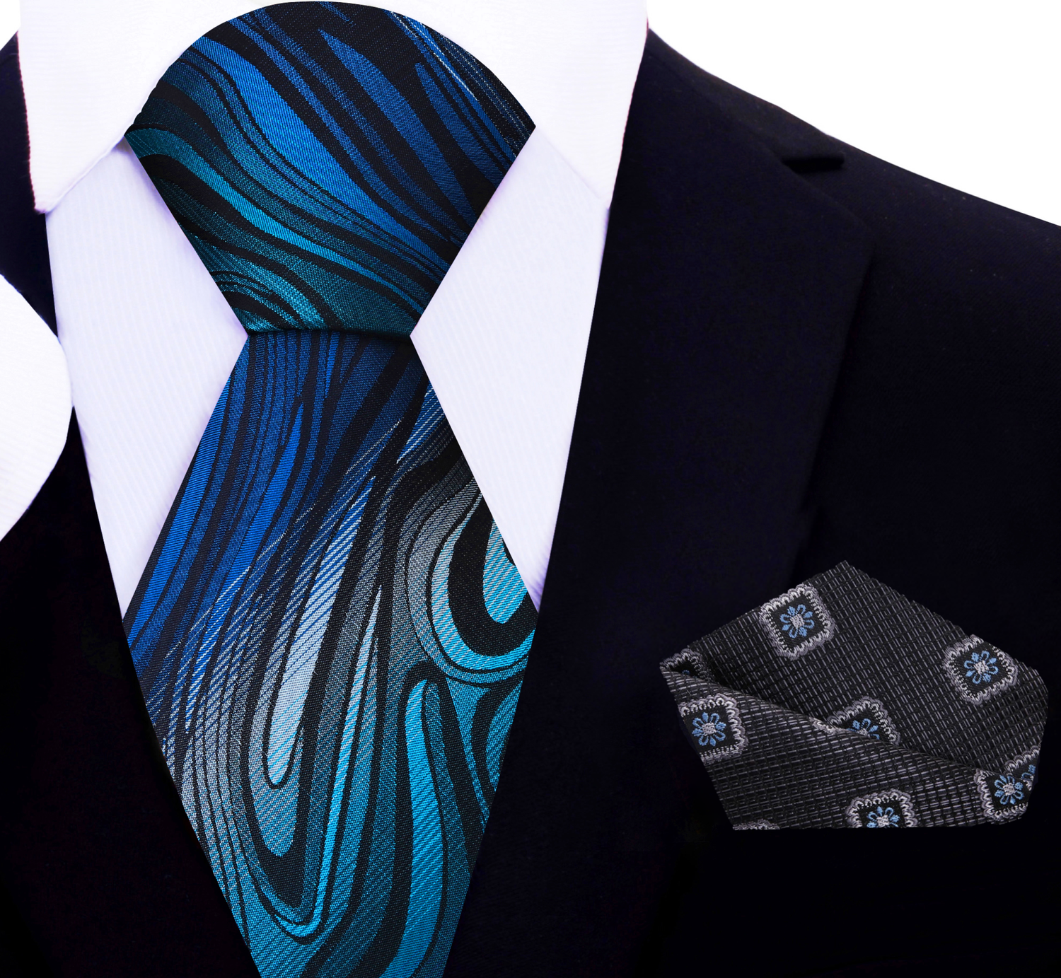 Shades of Blue and Grey Abstract Fire Necktie and Charcoal with Blue Medallion Square