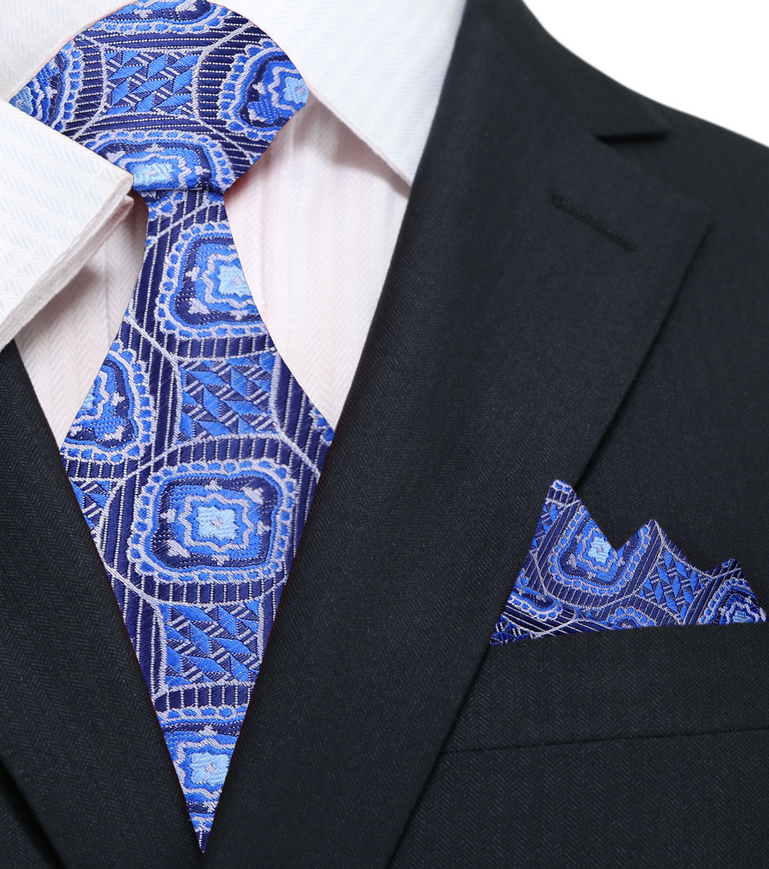 Blue Geometric Tie and Pocket Square