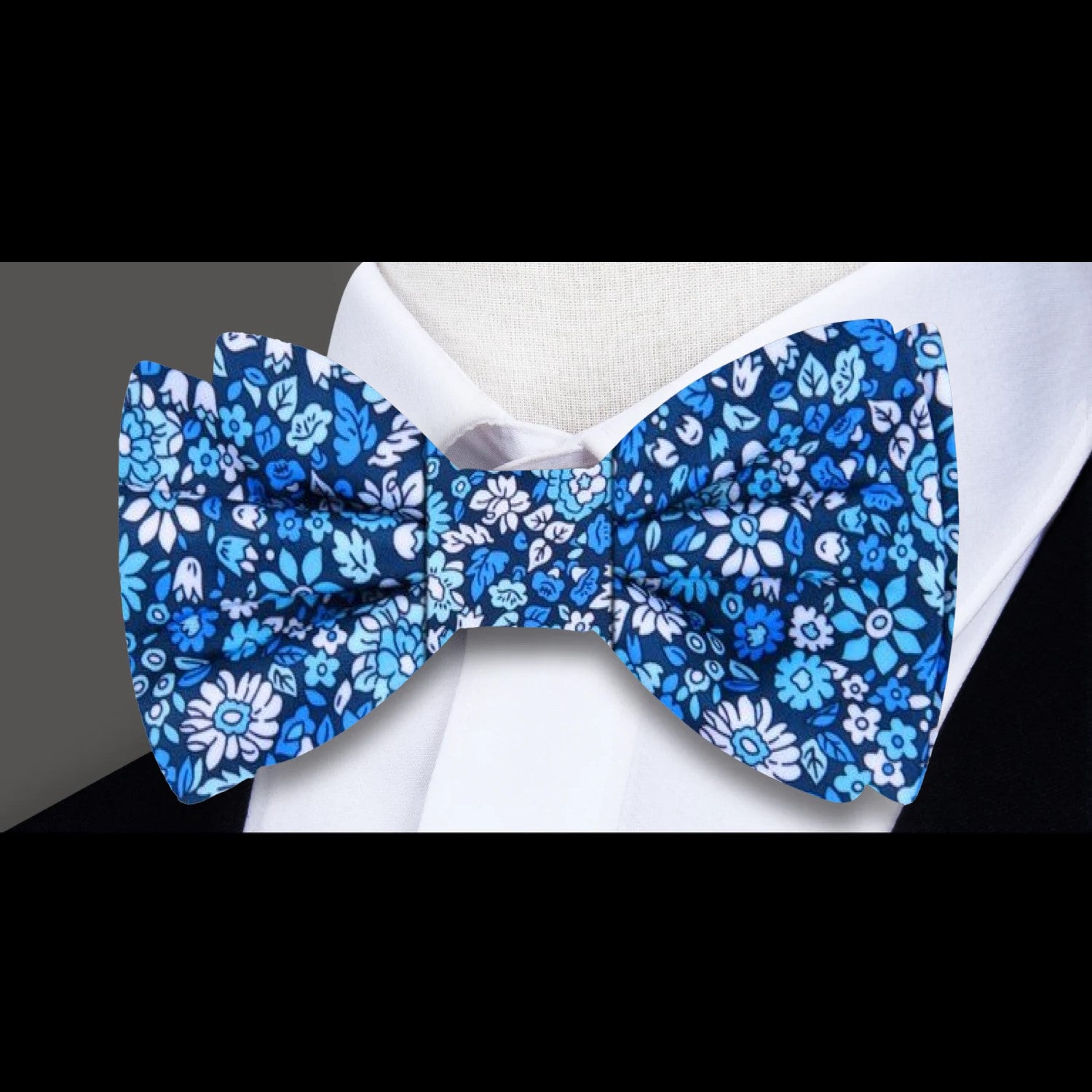Blue Dark Blue White Intricate Floral Bow Tie