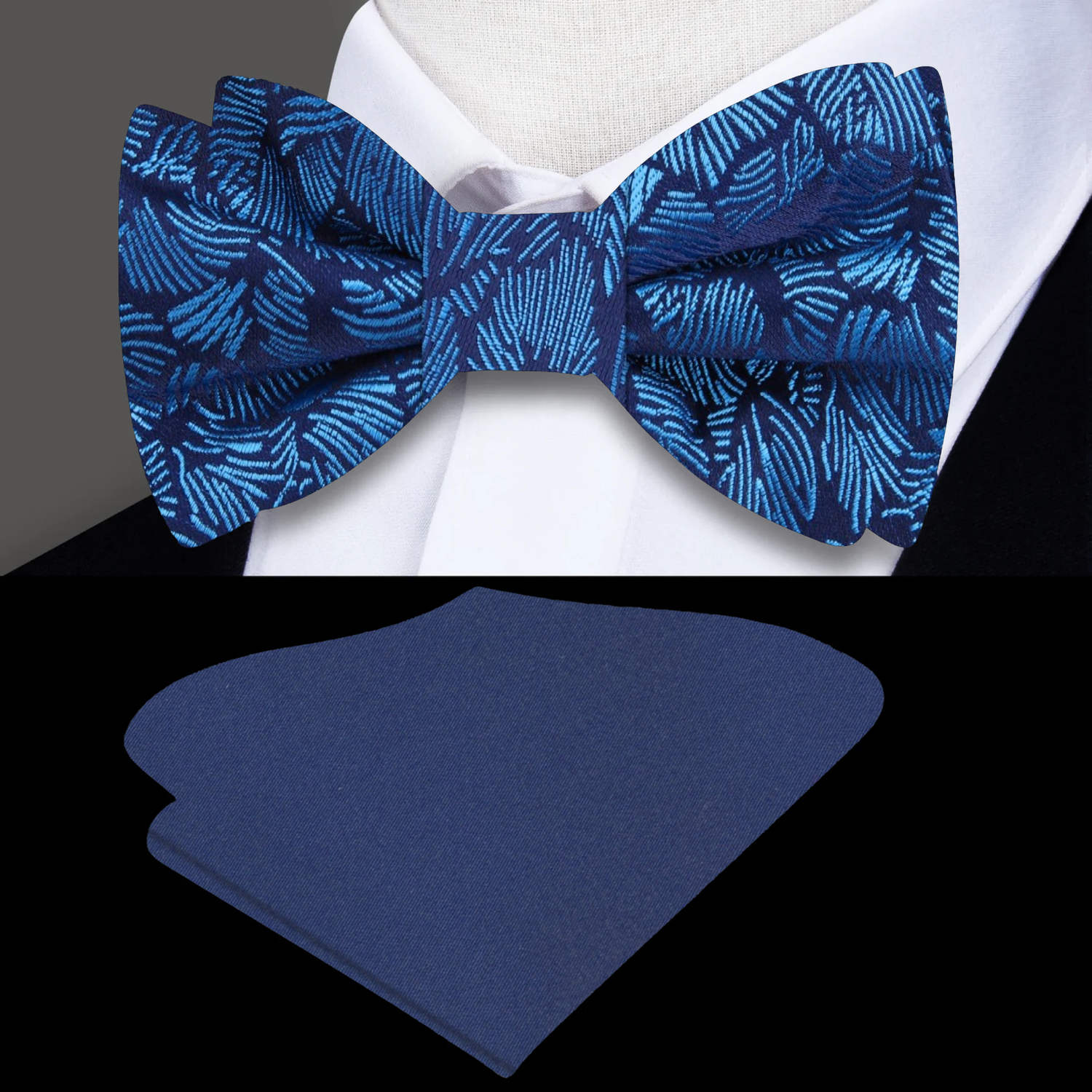 Dark Blue, Blue Sketched Palm Leaves Bow Tie and Solid Dark Blue Square