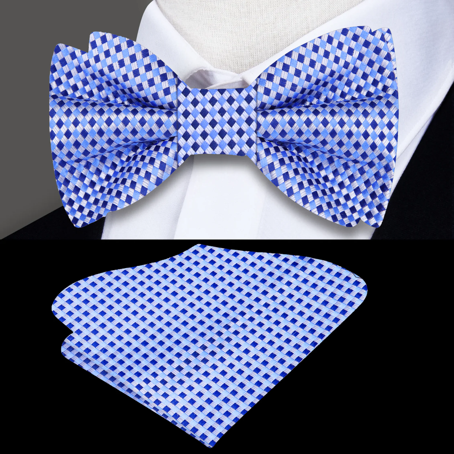 Light Blue, Blue Small Check Bow Tie and Pocket Square