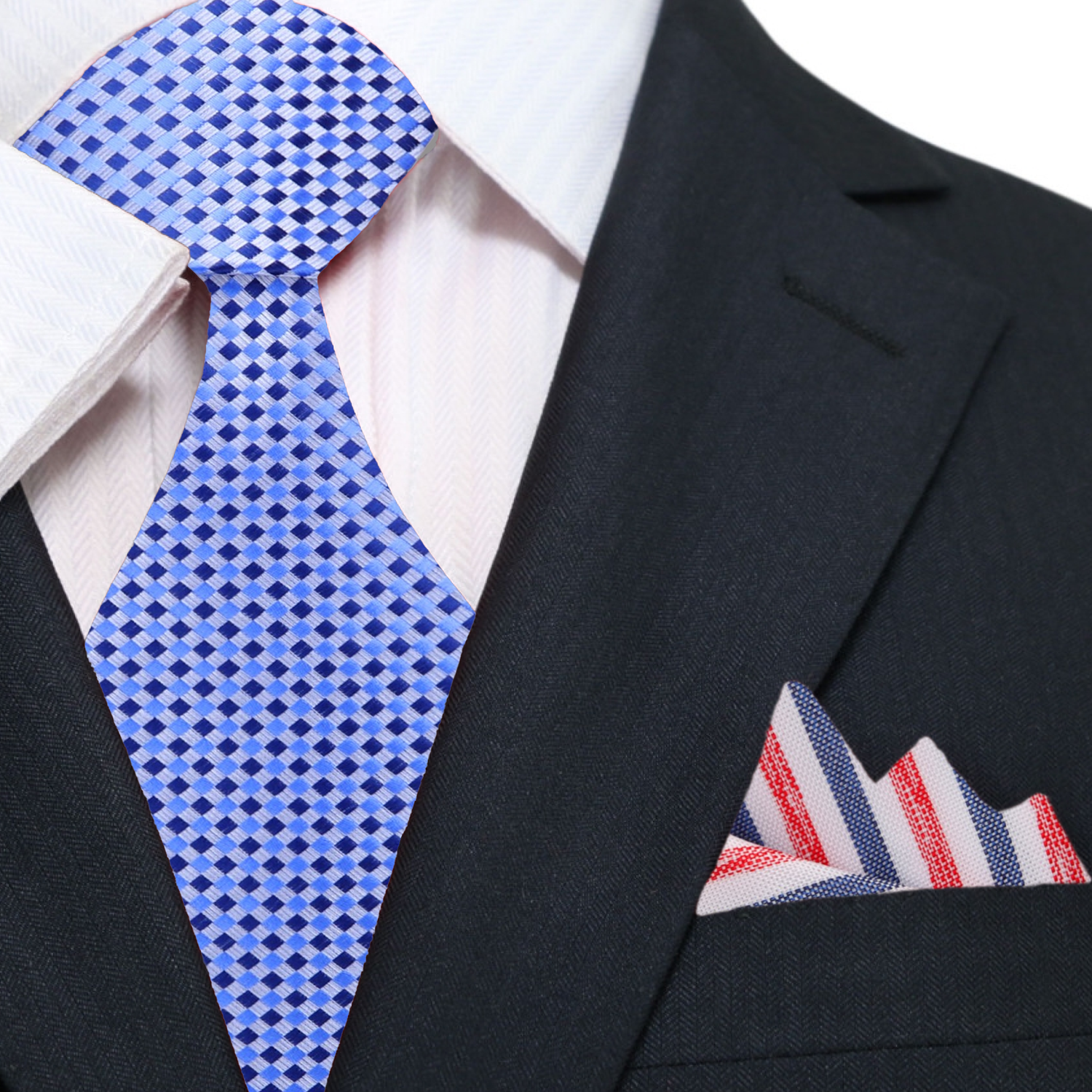 Shades of Blue Check Necktie and Accenting Stripe Square