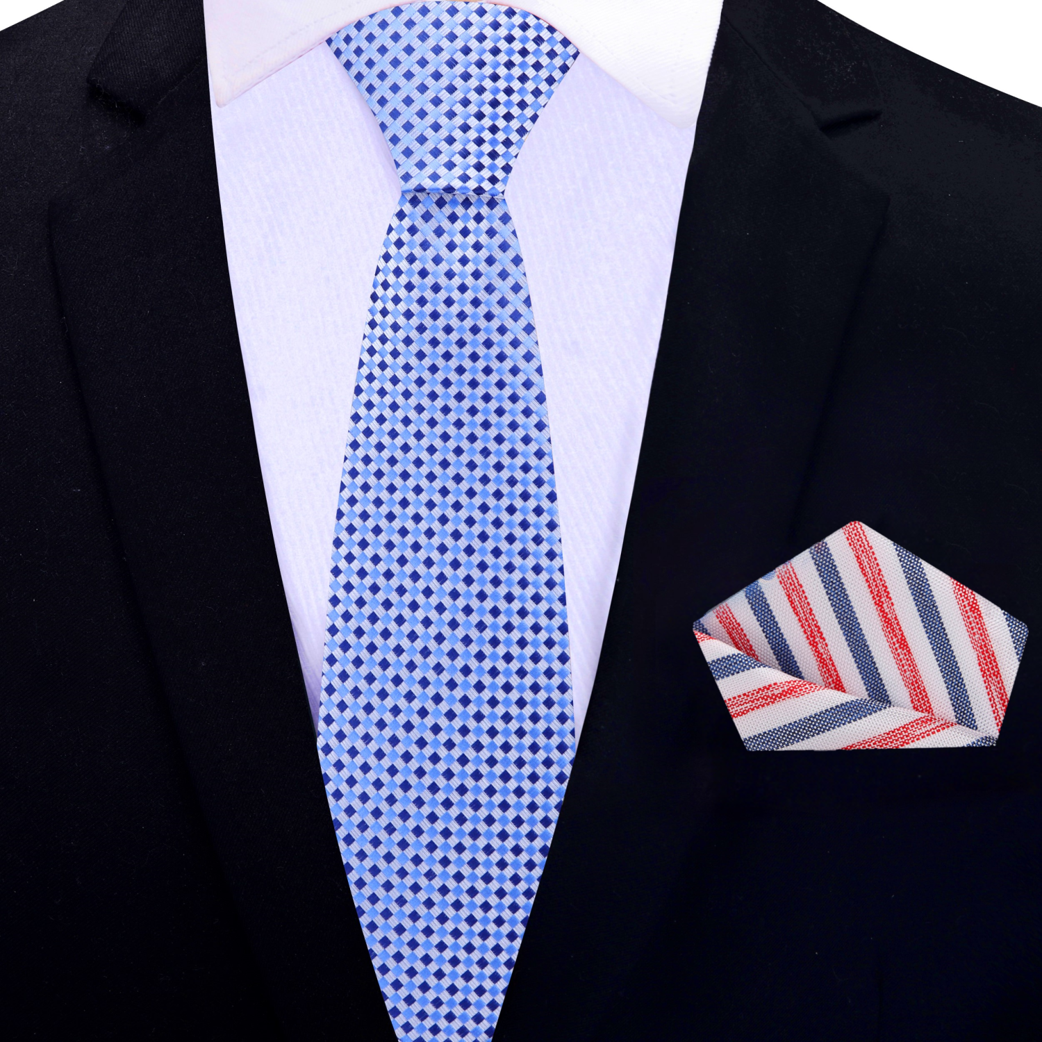 Thin: Shades of Blue Check Necktie and Accenting Stripe Square