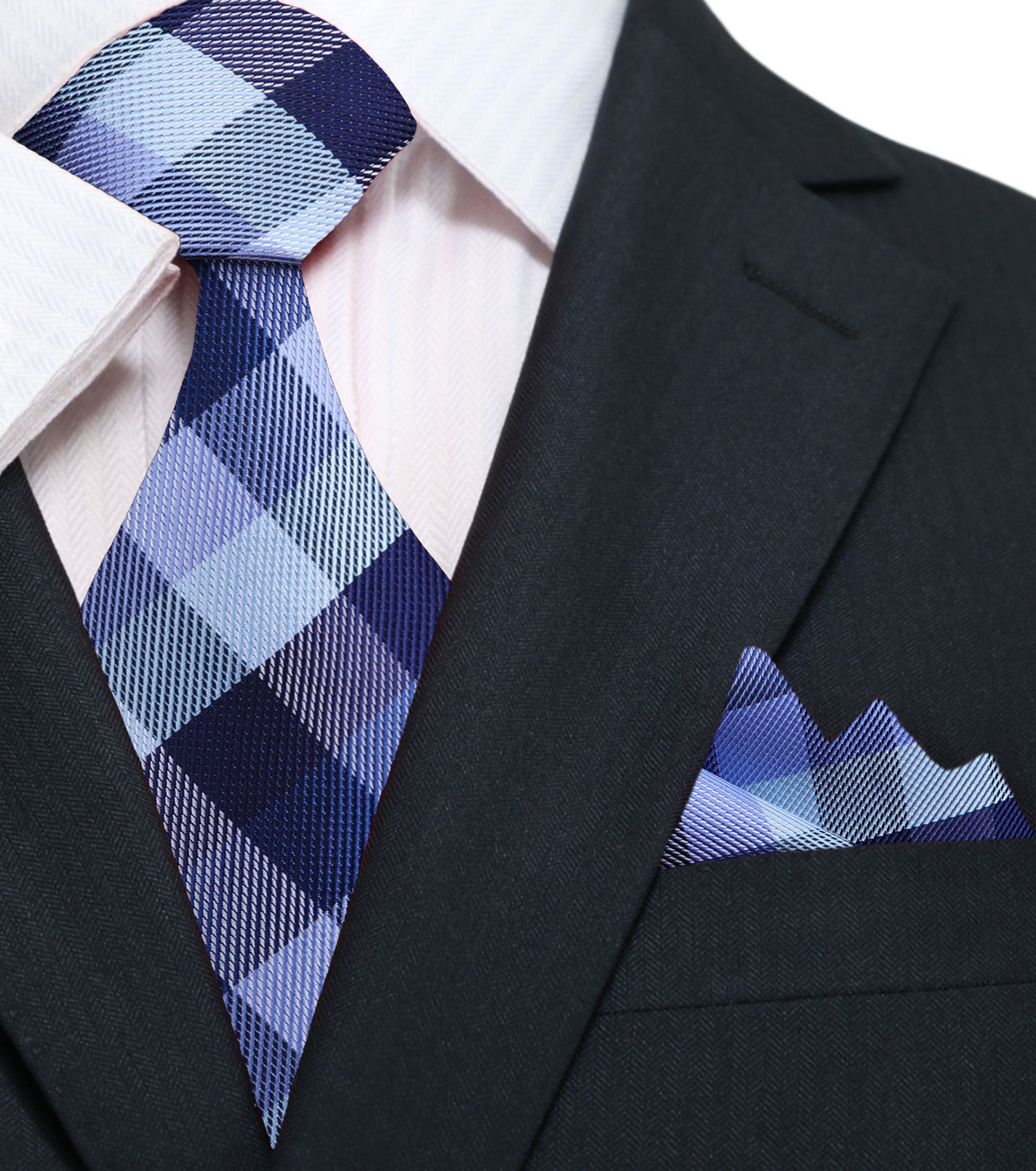 A Blue, Dark Blue Small Geometric Checker Pattern Silk Necktie, With Matching Pocket Square