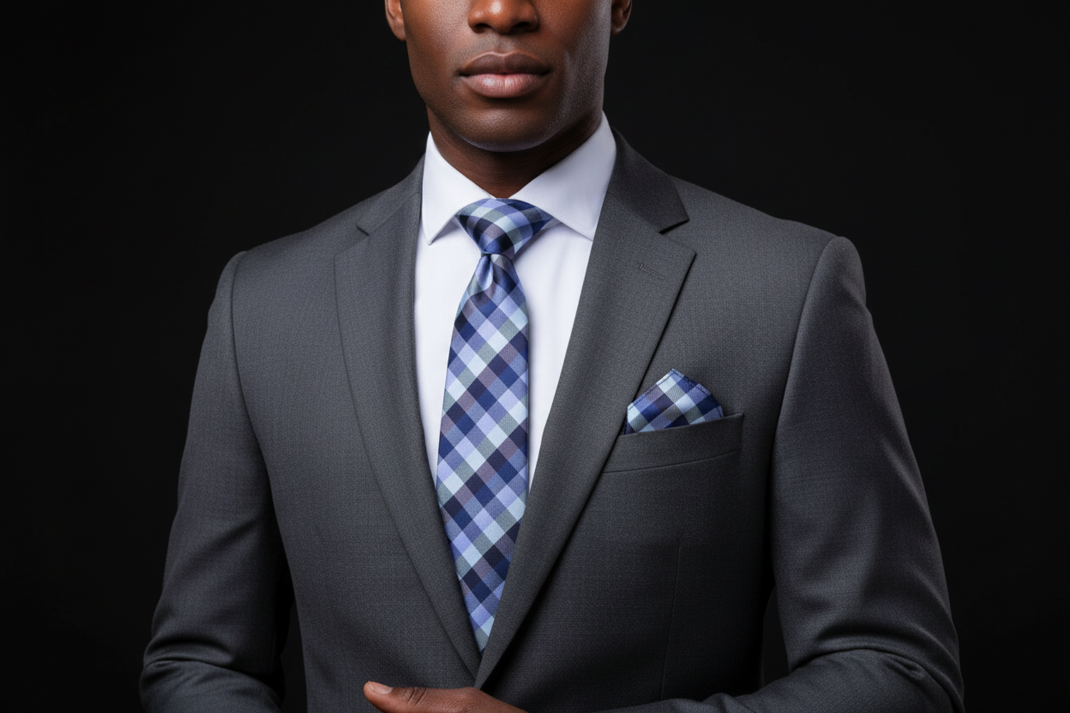 Man wearing a gray suit with a blue checkered tie and pocket square on a black background