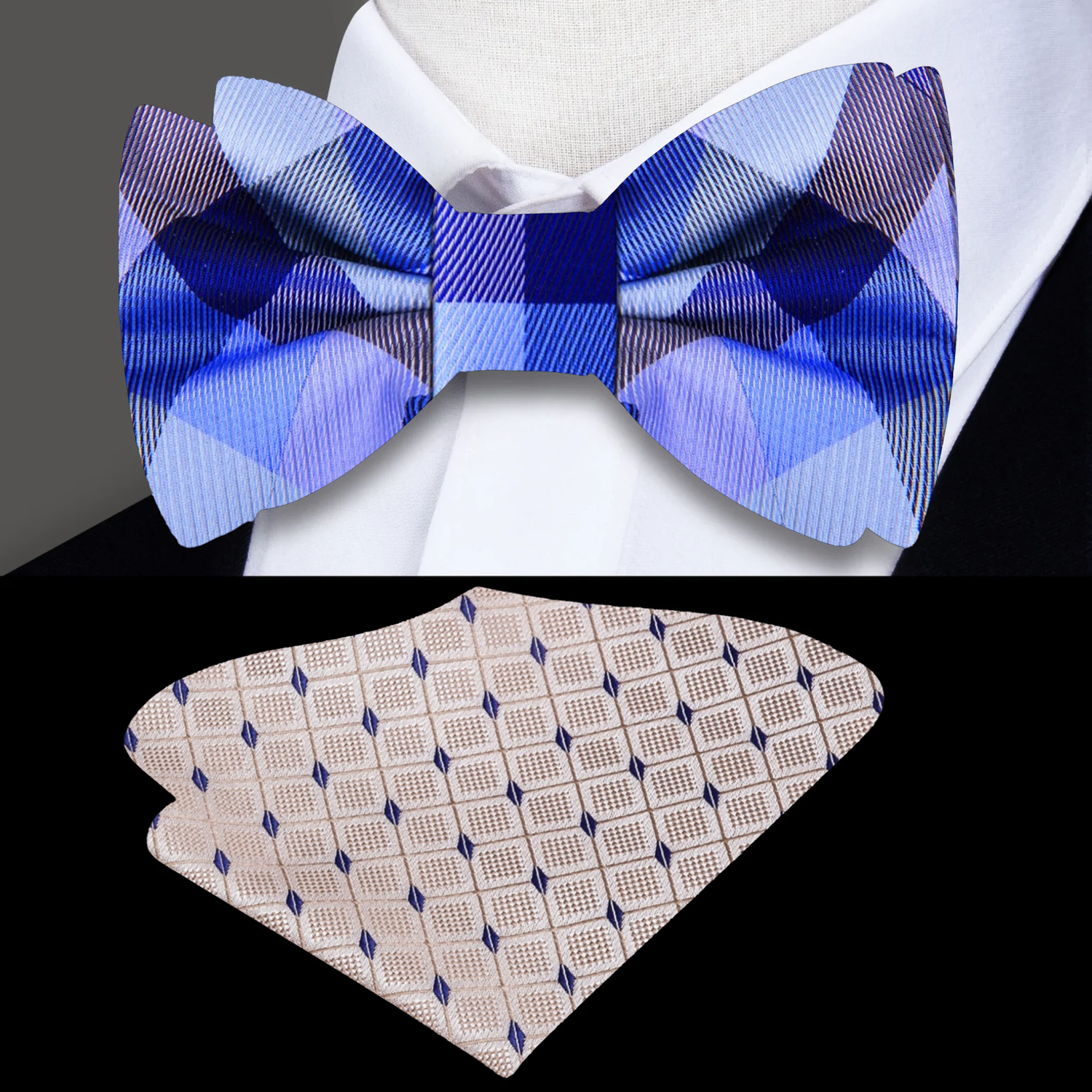 A Dark Blue, Blue and Purple Check Pattern Silk Bow Tie, Accenting Pocket Square
