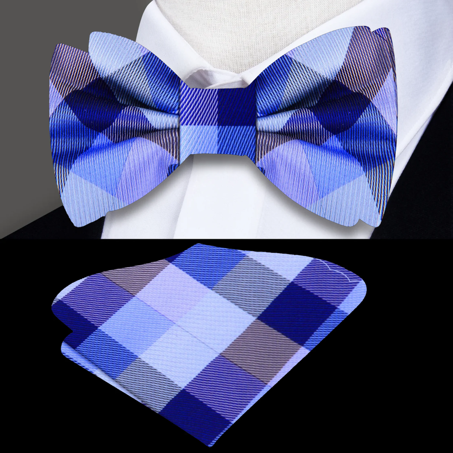 A Dark Blue, Blue and Purple Check Pattern Silk Bow Tie, Matching Pocket Square