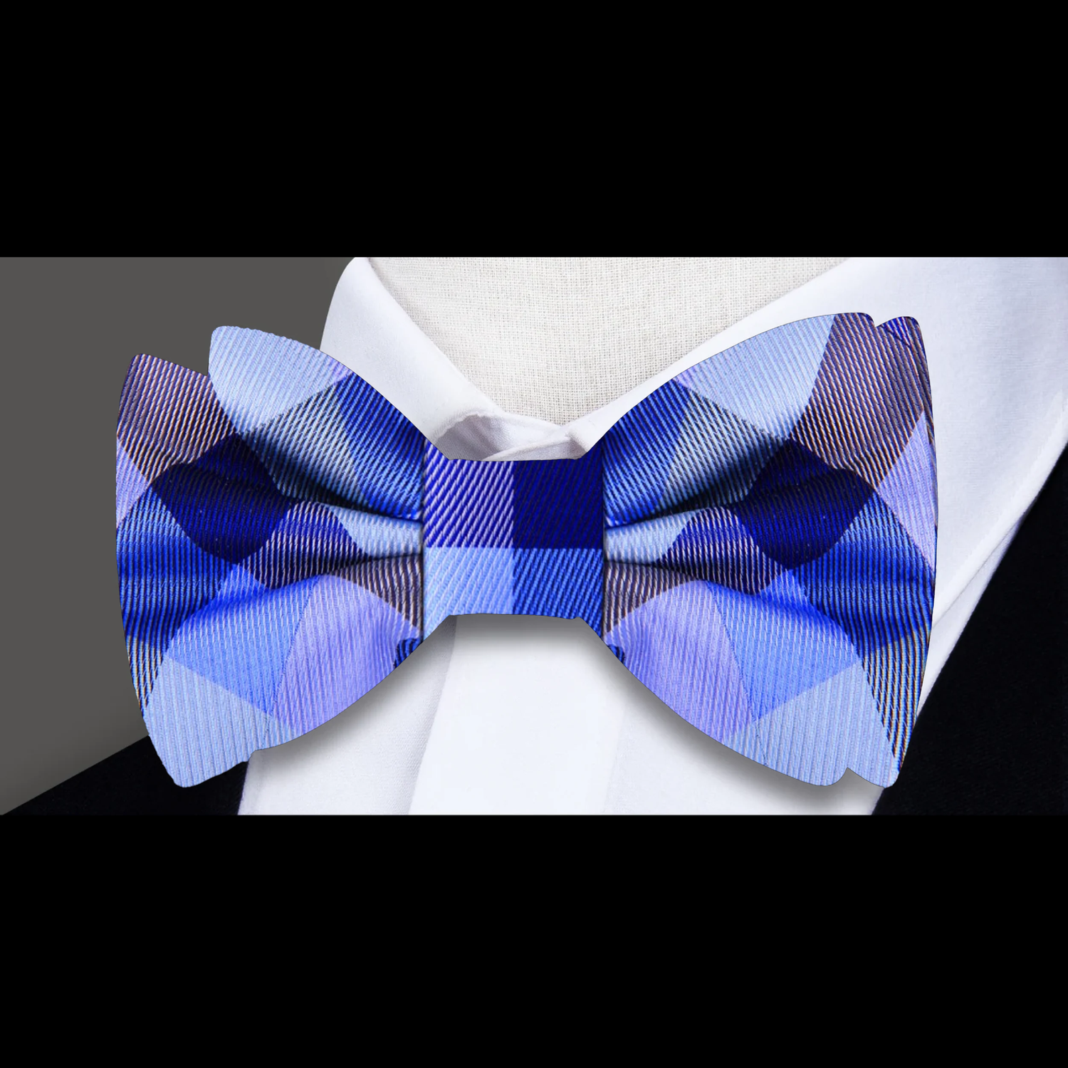 A Dark Blue, Blue and Purple Check Pattern Silk Bow Tie 