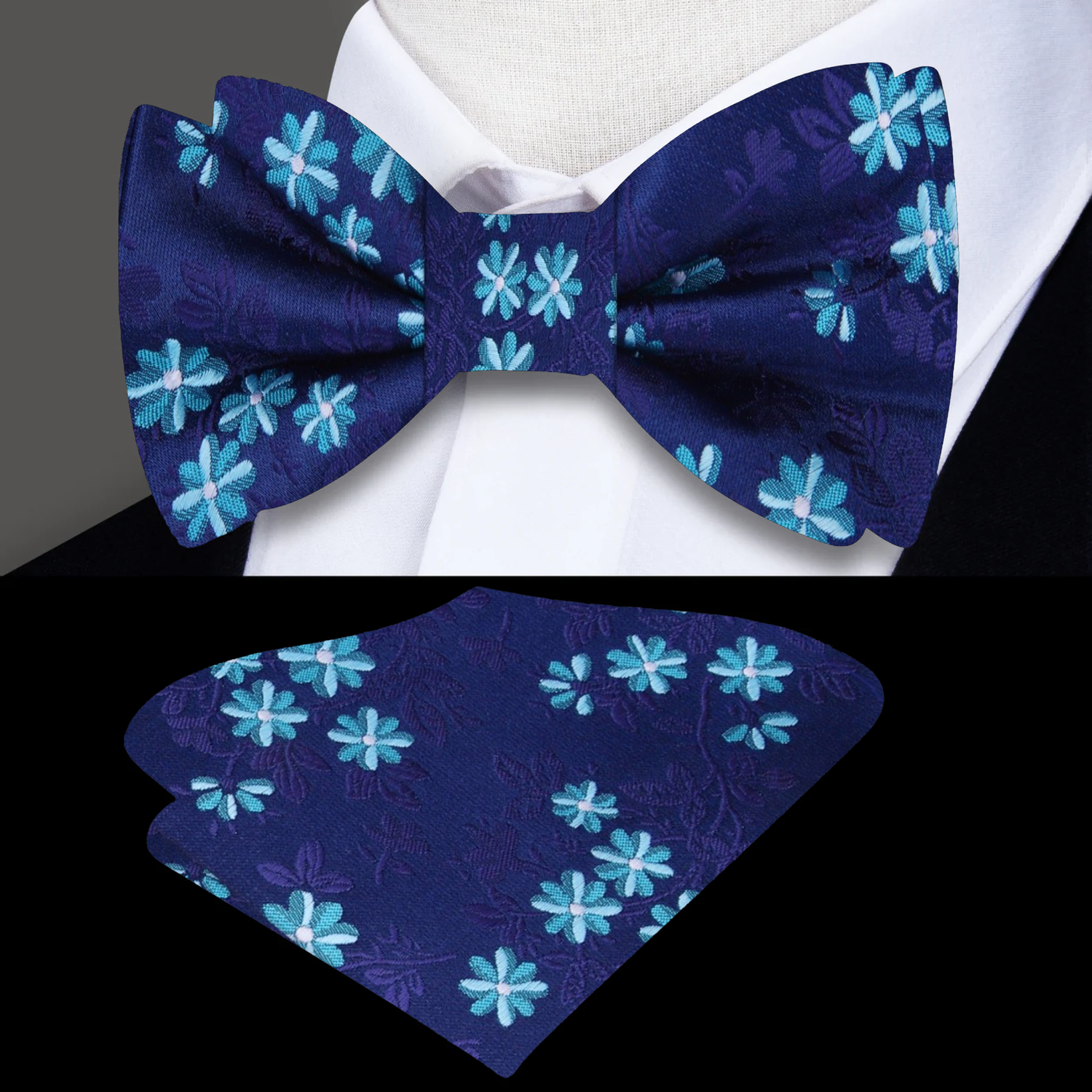 Shades of Blue with Purple Flowers Pre Tied Bow Tie and Matching Square