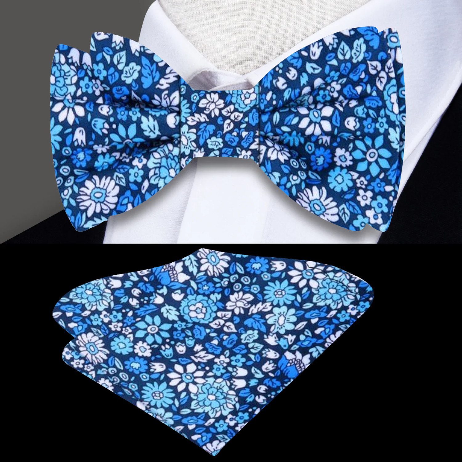 Blue Dark Blue White Intricate Floral Bow Tie and Square||Dark Blue, Light Blue
