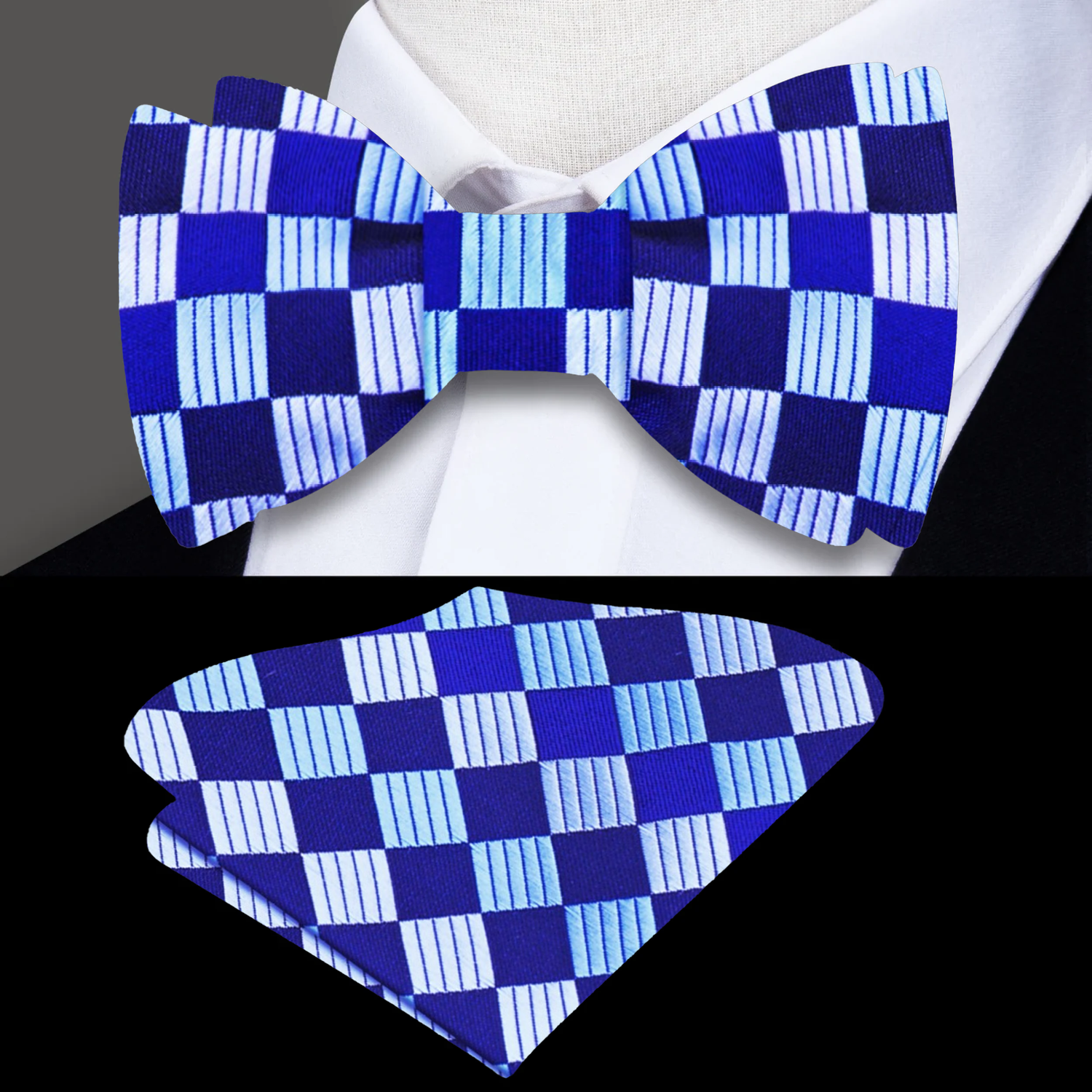A Dark Blue, Light Blue Geometric Squares Pattern Silk Self Tie Bow Tie, Pocket Square