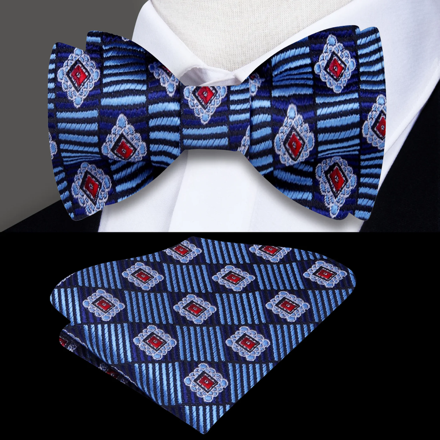 Blue, Red Diamonds Bow Tie and Pocket Square