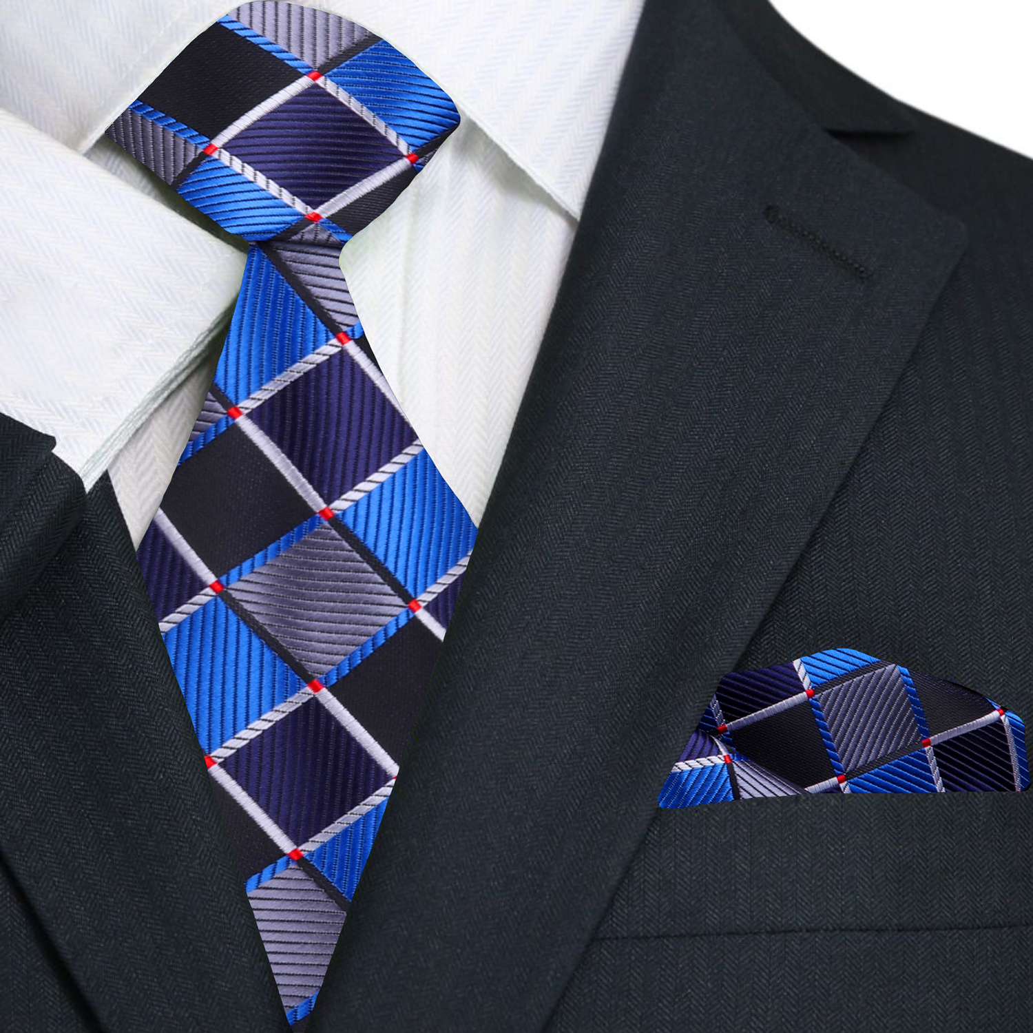 A Grey, Black, Blue Geometric Check Pattern Necktie With Matching Pocket Square