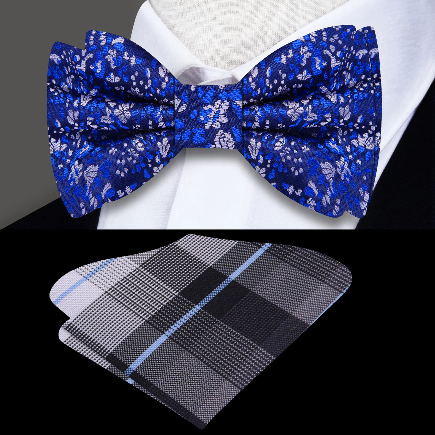 Blue, Grey Floral Bow Tie and Grey Plaid Square