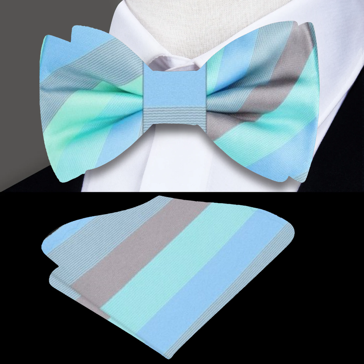 Shades of Blue and Green Stripe Bow Tie and Pocket Square||Blue, Green