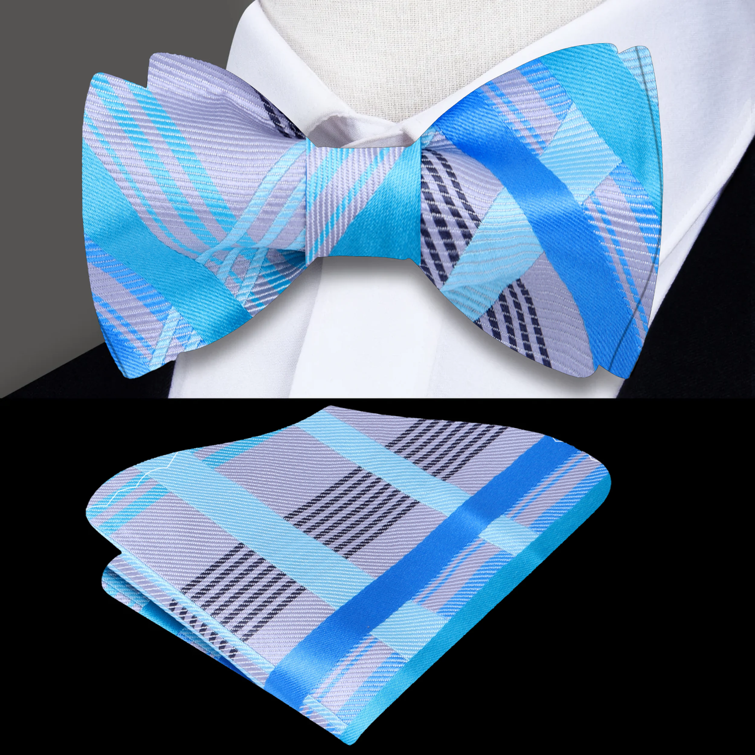 A Grey, Light Blue, Ice Blue Plaid Pattern Silk Self Tie Bow Tie, Pocket Square