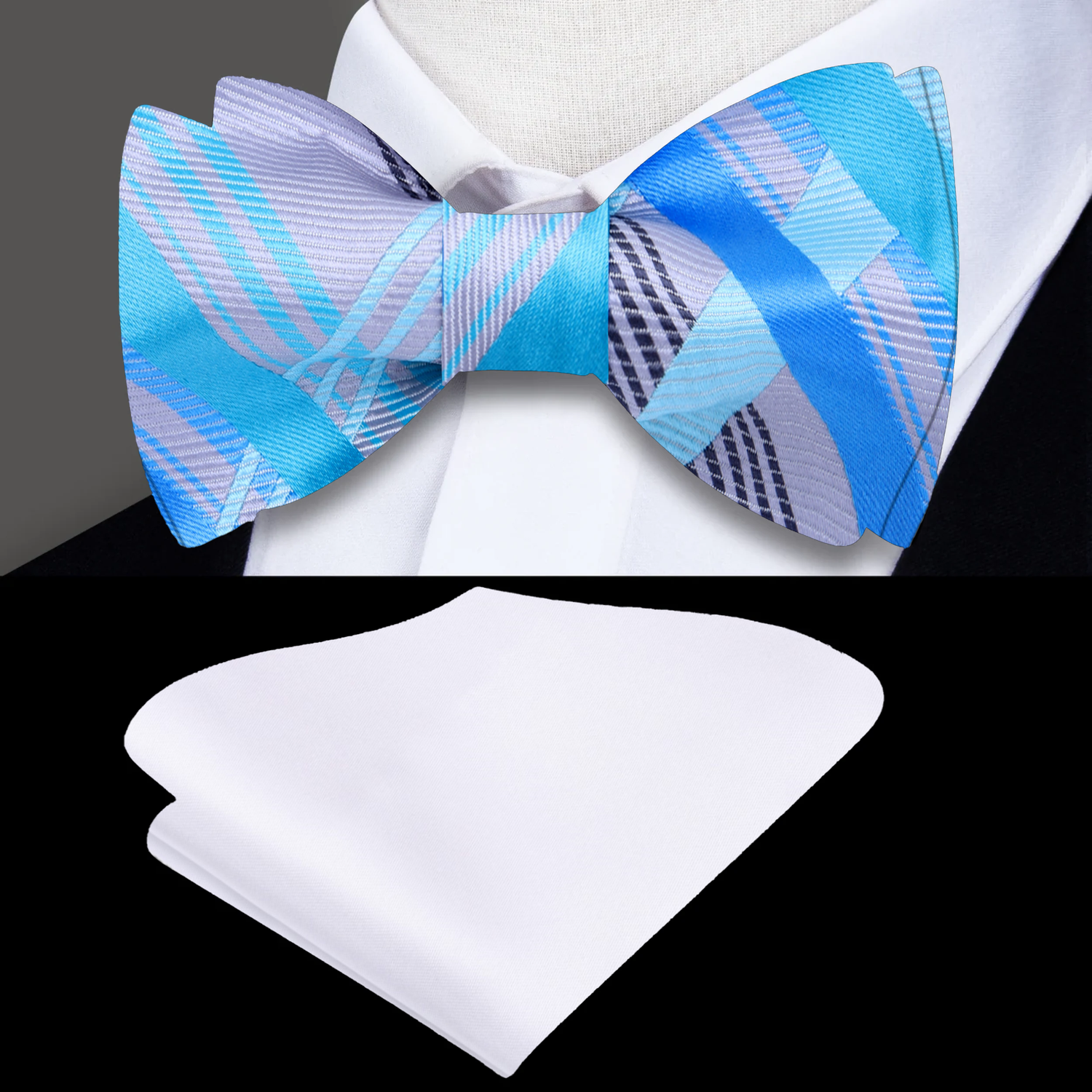 A Grey, Light Blue, Ice Blue Plaid Pattern Silk Self Tie Bow Tie, White Pocket Square