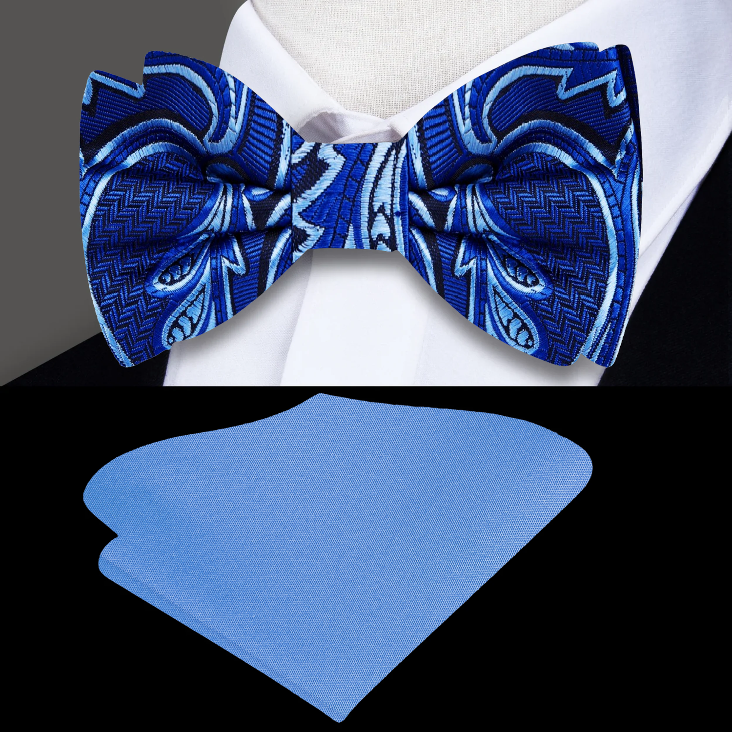 Blue, Paisley Bow Tie and Light Blue Square