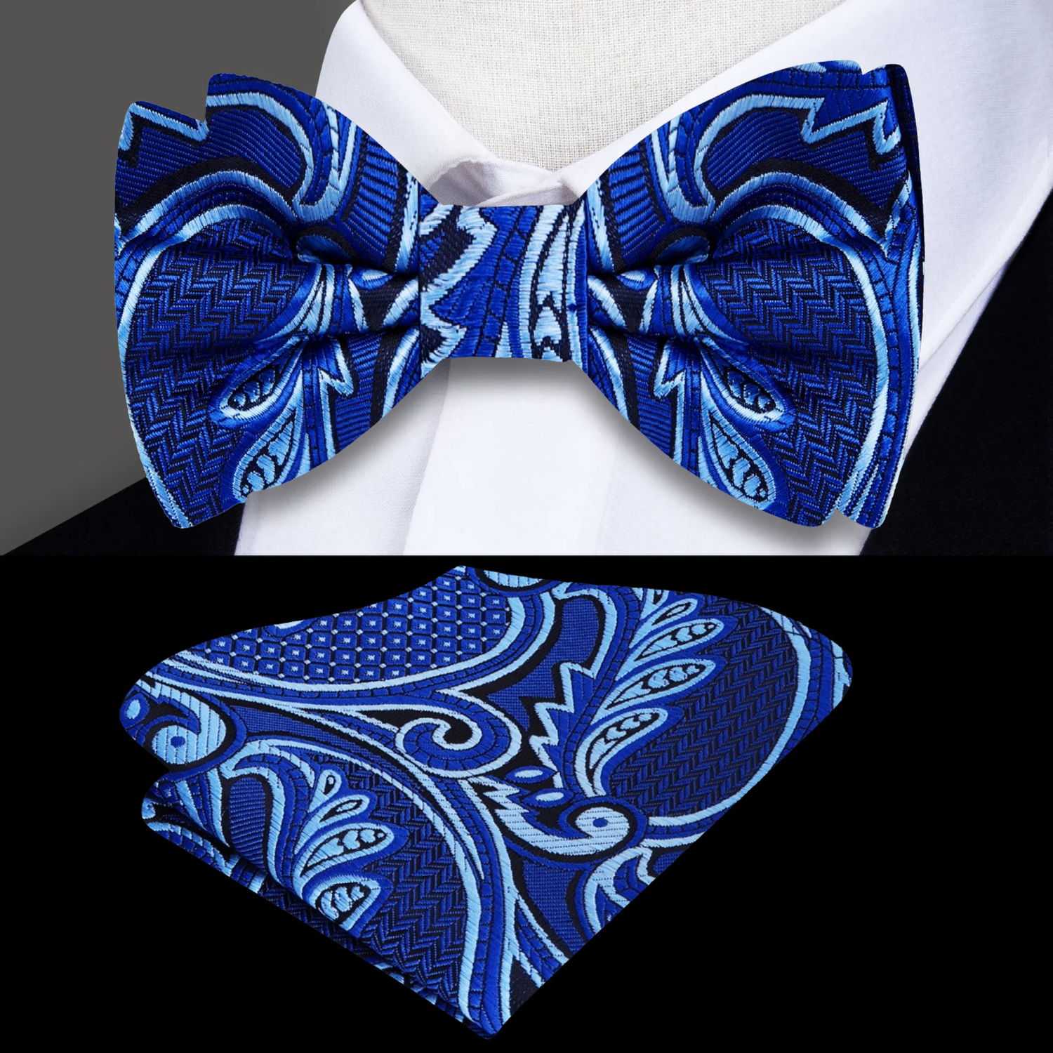 A Blue, Dark Blue Intricate Paisley Pattern Silk Pre Tied Bow Tie A Blue, Dark Blue Intricate Paisley Pattern Silk Pre Tied Bow Tie, Light Blue Pocket Square